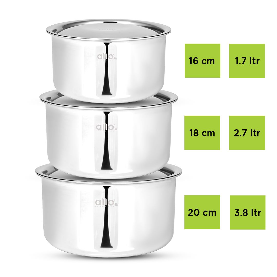 Allo CookSafeTriPly Stainless Steel Tope 3pcs Combo Set of - 1.7, 2.7 & 3.8 Litre with Stainless Steel Lid - Induction Friendly - Naturally Non-Stick, 16Cm, 18Cm & 20Cm - Allo Innoware