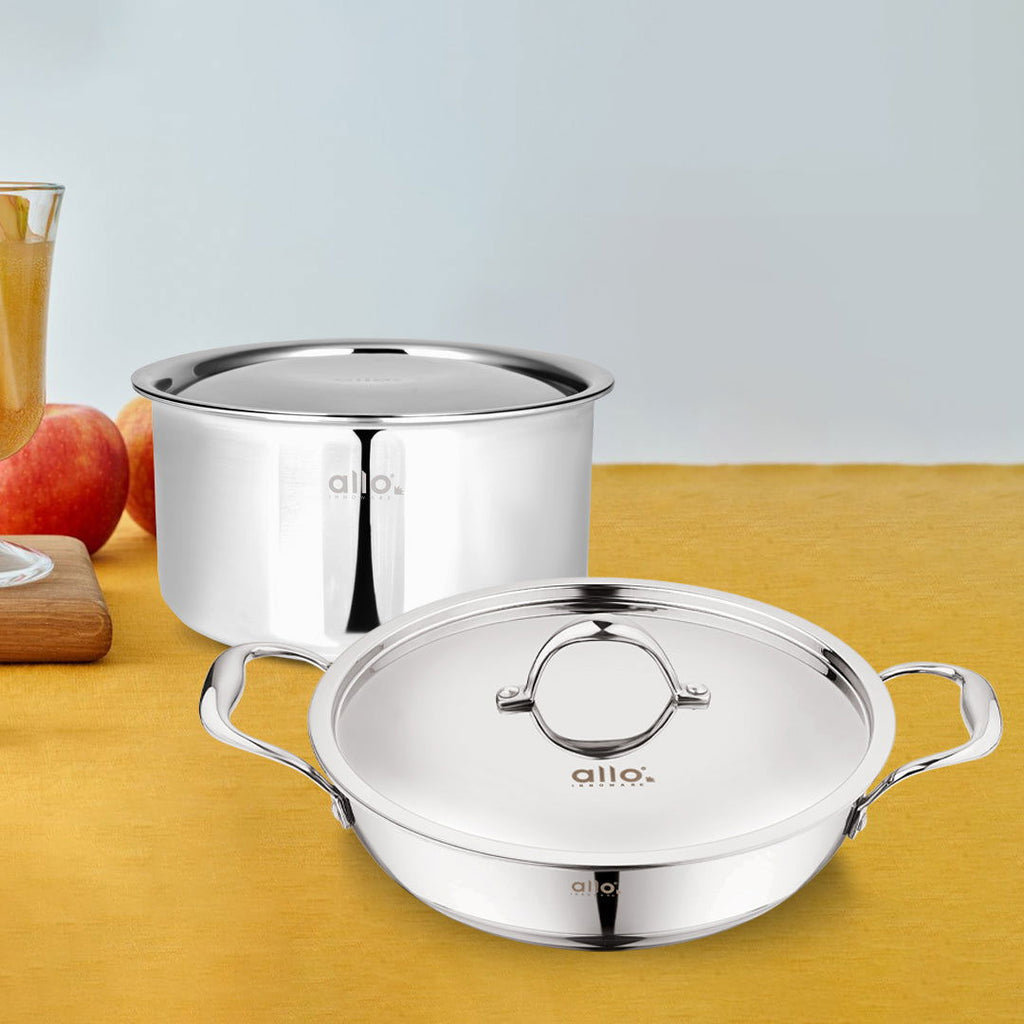 Allo CookSafe TriPly Stainless Steel Kadhai & Tope 2pcs Combo Set of 3 Litres Kadhai with Lid and 3.8 Litres Tope with Lid - Induction Friendly - Naturally Non-Stick, 26Cm & 20Cm - Allo Innoware