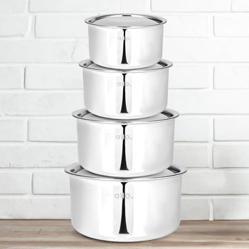 Allo CookSafe TriPly Stainless Steel Tope 4pcs Combo Set of – 1.1, 1.7, 2.7 & 3.8 Litres with Stainless Steel Lid - Induction Friendly - Naturally Non-Stick, 14Cm, 16Cm, 18Cm & 20Cm - Allo Innoware