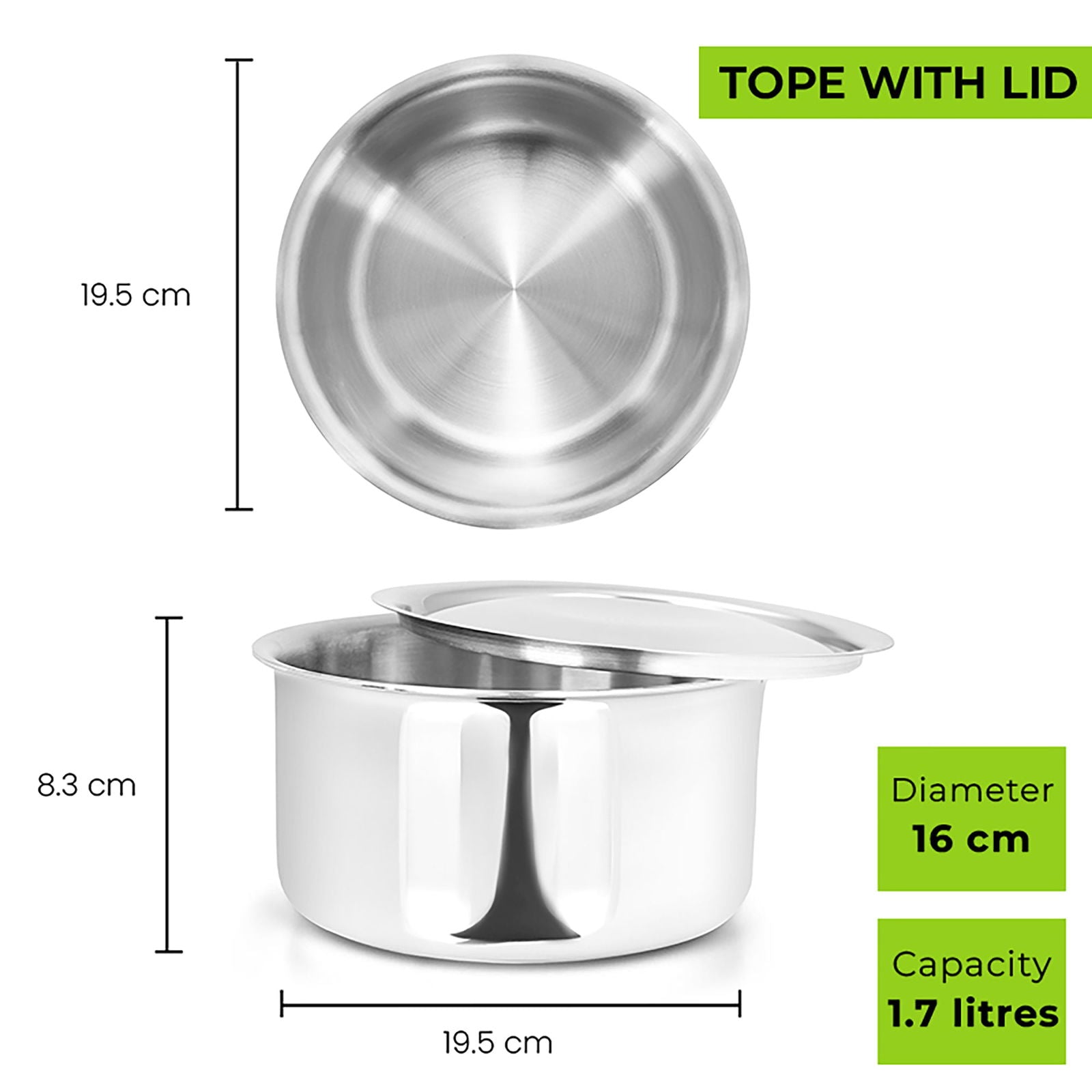 Allo CookSafe TriPly Stainless Steel Tope 4pcs Combo Set of – 1.1, 1.7, 2.7 & 3.8 Litres with Stainless Steel Lid - Induction Friendly - Naturally Non-Stick, 14Cm, 16Cm, 18Cm & 20Cm - Allo Innoware