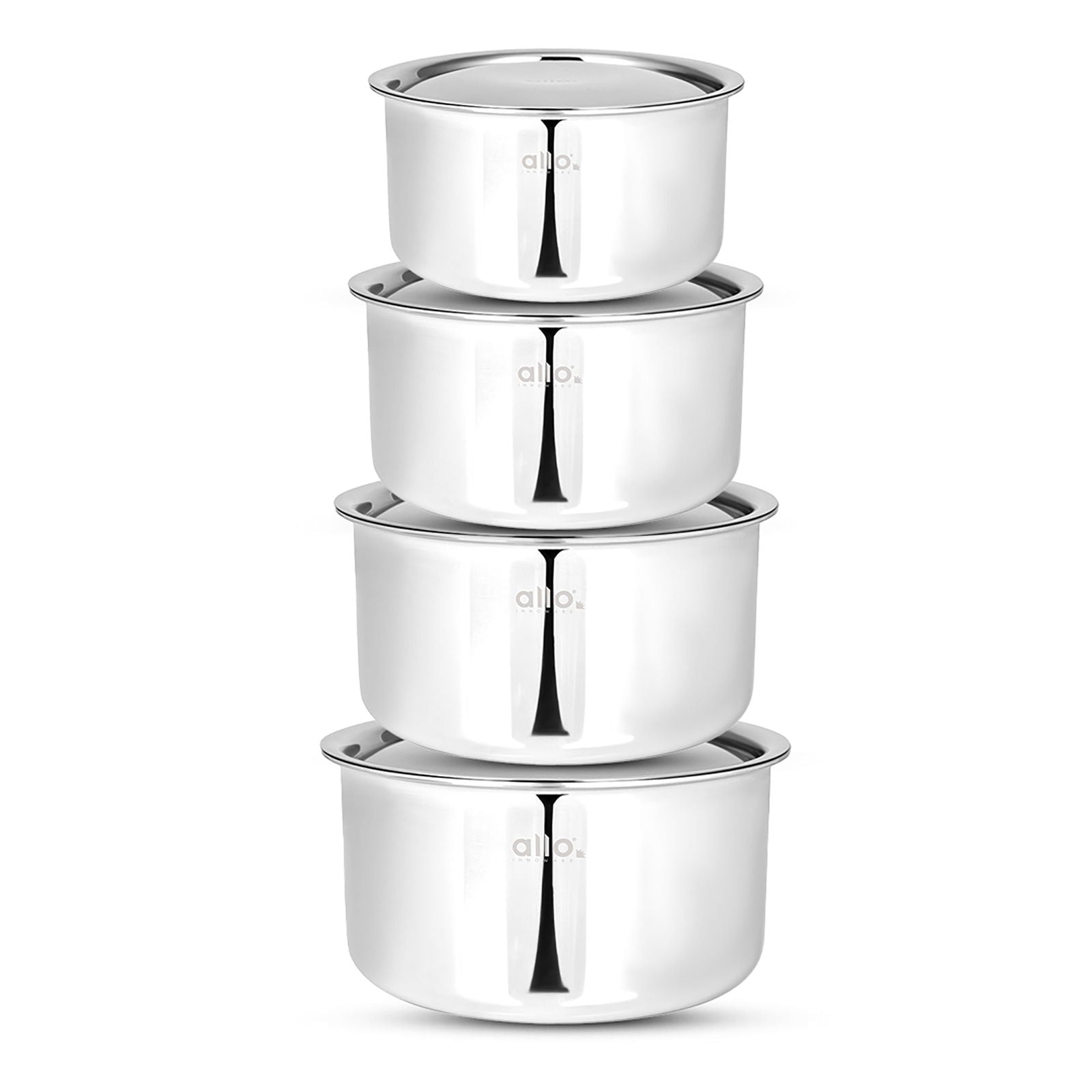 Allo CookSafe TriPly Stainless Steel Tope 4pcs Combo Set of – 1.1, 1.7, 2.7 & 3.8 Litres with Stainless Steel Lid - Induction Friendly - Naturally Non-Stick, 14Cm, 16Cm, 18Cm & 20Cm - Allo Innoware