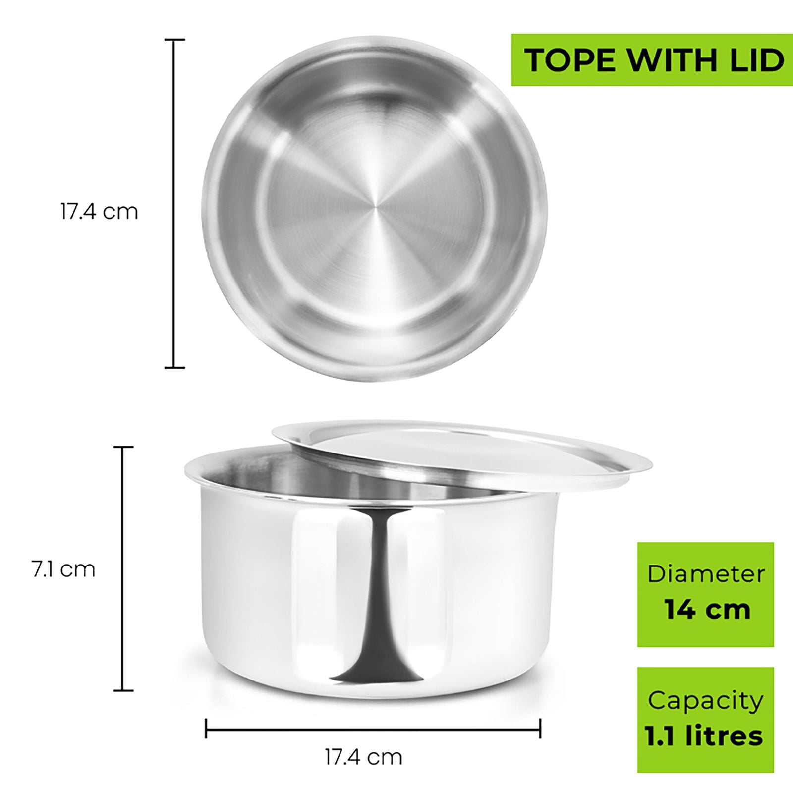 Allo CookSafe TriPly Stainless Steel Tope 4pcs Combo Set of – 1.1, 1.7, 2.7 & 3.8 Litres with Stainless Steel Lid - Induction Friendly - Naturally Non-Stick, 14Cm, 16Cm, 18Cm & 20Cm - Allo Innoware