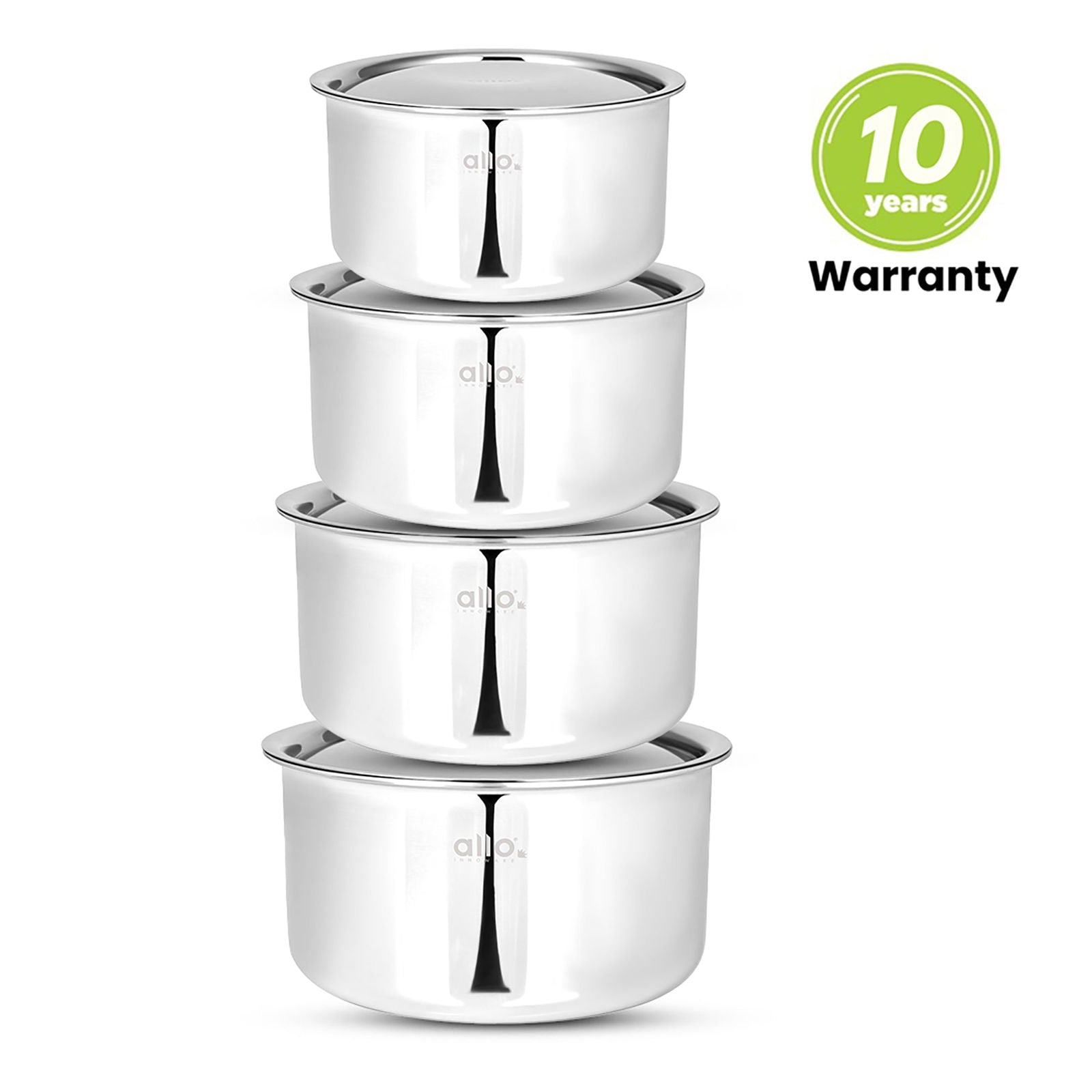 Allo CookSafe TriPly Stainless Steel Tope 4pcs Combo Set of – 1.1, 1.7, 2.7 & 3.8 Litres with Stainless Steel Lid - Induction Friendly - Naturally Non-Stick, 14Cm, 16Cm, 18Cm & 20Cm - Allo Innoware