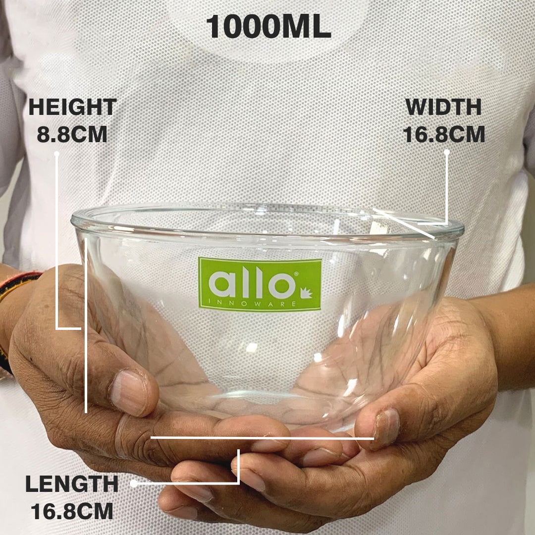 Allo Food Safe Borosilicate Glass Mixing & Serving Bowls for Kitchen, Oven & Microwave Safe Bowls, Dishwasher and Freezer Safe Bowl, 1000ML, Transparent - Allo Innoware