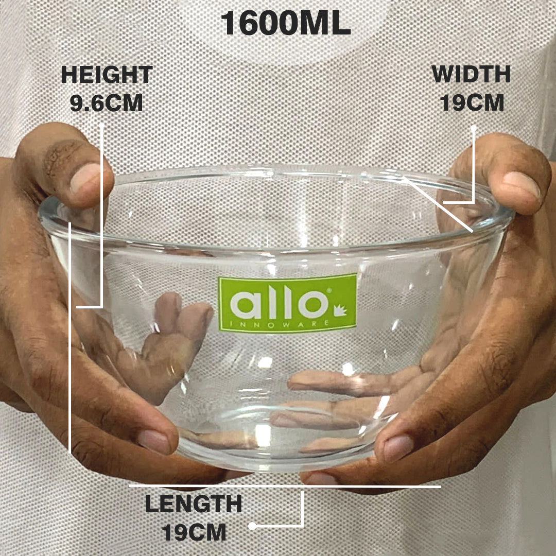Allo Food Safe Borosilicate Glass Mixing & Serving Bowls for Kitchen, Oven & Microwave Safe Bowls, Dishwasher and Freezer Safe Bowl, 1600ML, Transparent - Allo Innoware