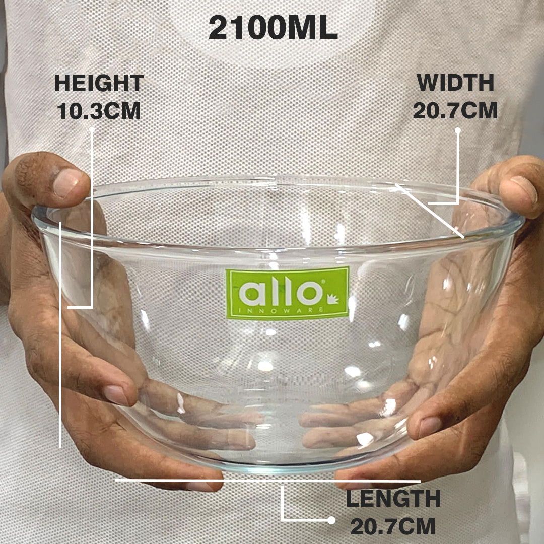 Allo Food Safe Borosilicate Glass Mixing & Serving Bowls for Kitchen, Oven & Microwave Safe Bowls, Dishwasher and Freezer Safe Bowl, 2100ML, Transparent - Allo Innoware