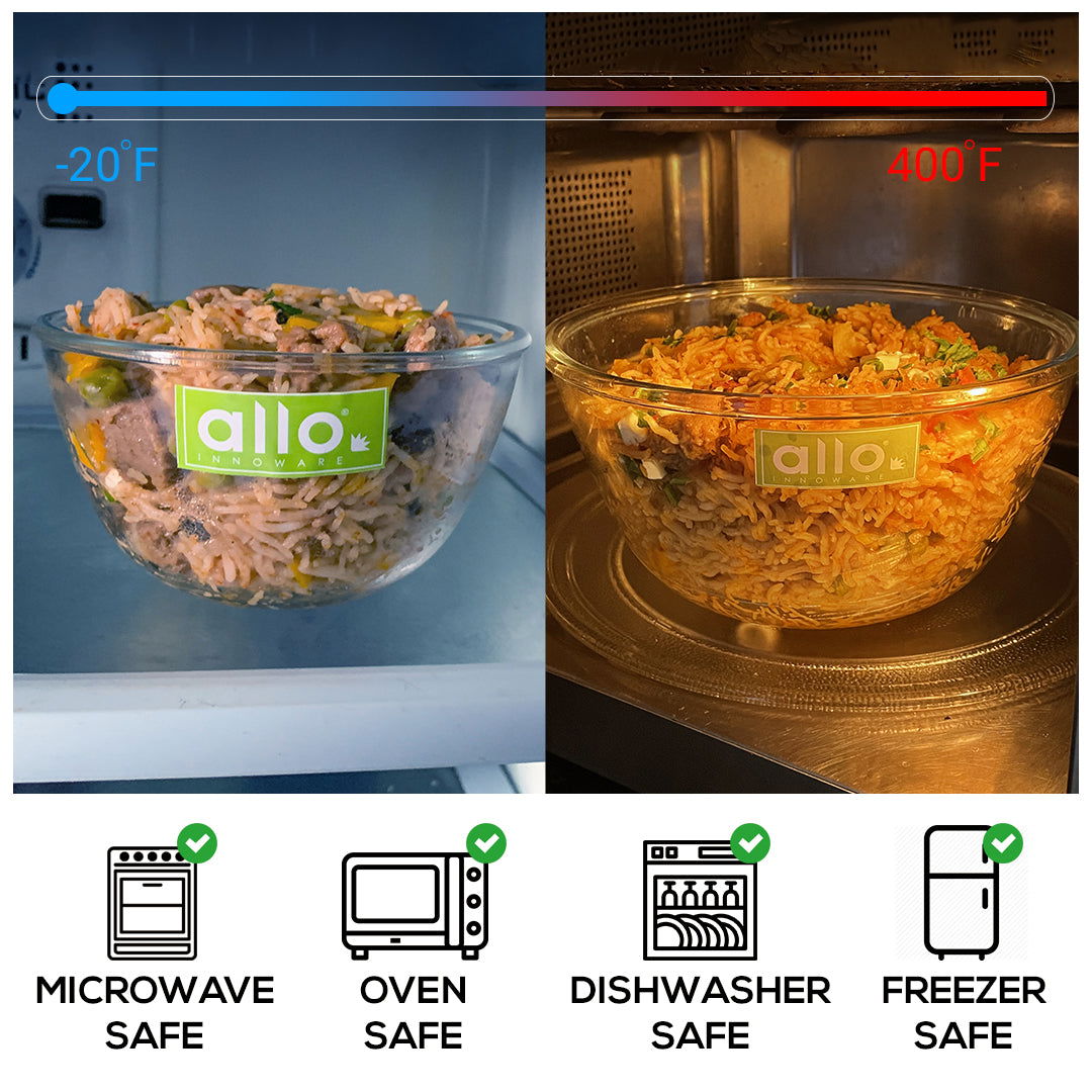 Allo Food Safe Borosilicate Glass Mixing & Serving Bowls for Kitchen, Oven & Microwave Safe Bowls, Dishwasher and Freezer Safe Bowl, 2700ML, Transparent - Allo Innoware