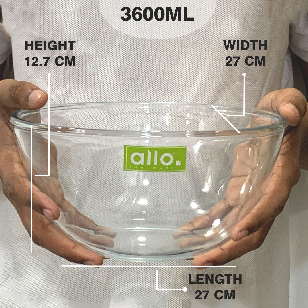 Allo Food Safe Borosilicate Glass Mixing & Serving Bowls for Kitchen, Oven & Microwave Safe Bowls, Dishwasher and Freezer Safe Bowl, 3600ML, Transparent - Allo Innoware