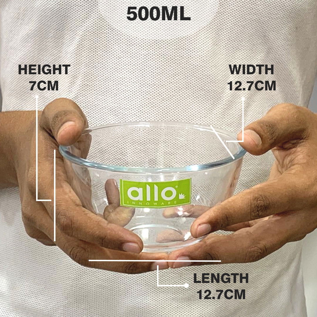 Allo Food Safe Borosilicate Glass Mixing & Serving Bowls for Kitchen, Oven & Microwave Safe Bowls, Dishwasher and Freezer Safe Bowl, 500ML, Transparent - Allo Innoware