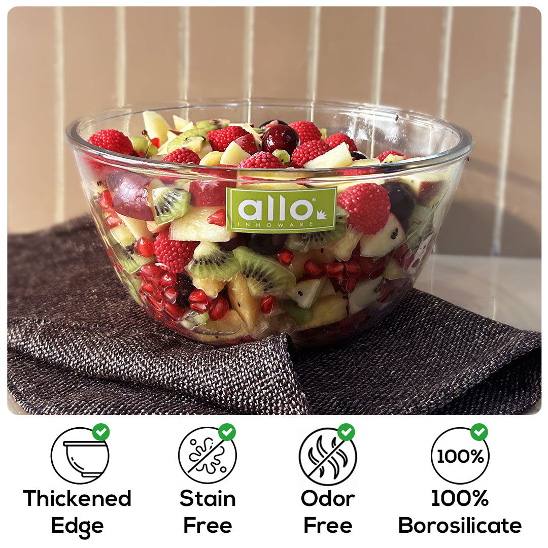 Allo Food Safe Borosilicate Glass Mixing & Serving Bowls for Kitchen, Oven & Microwave Safe Bowls, Dishwasher and Freezer Safe Bowls, Set of 2 1000ML, 1600ML, Transparent - Allo Innoware