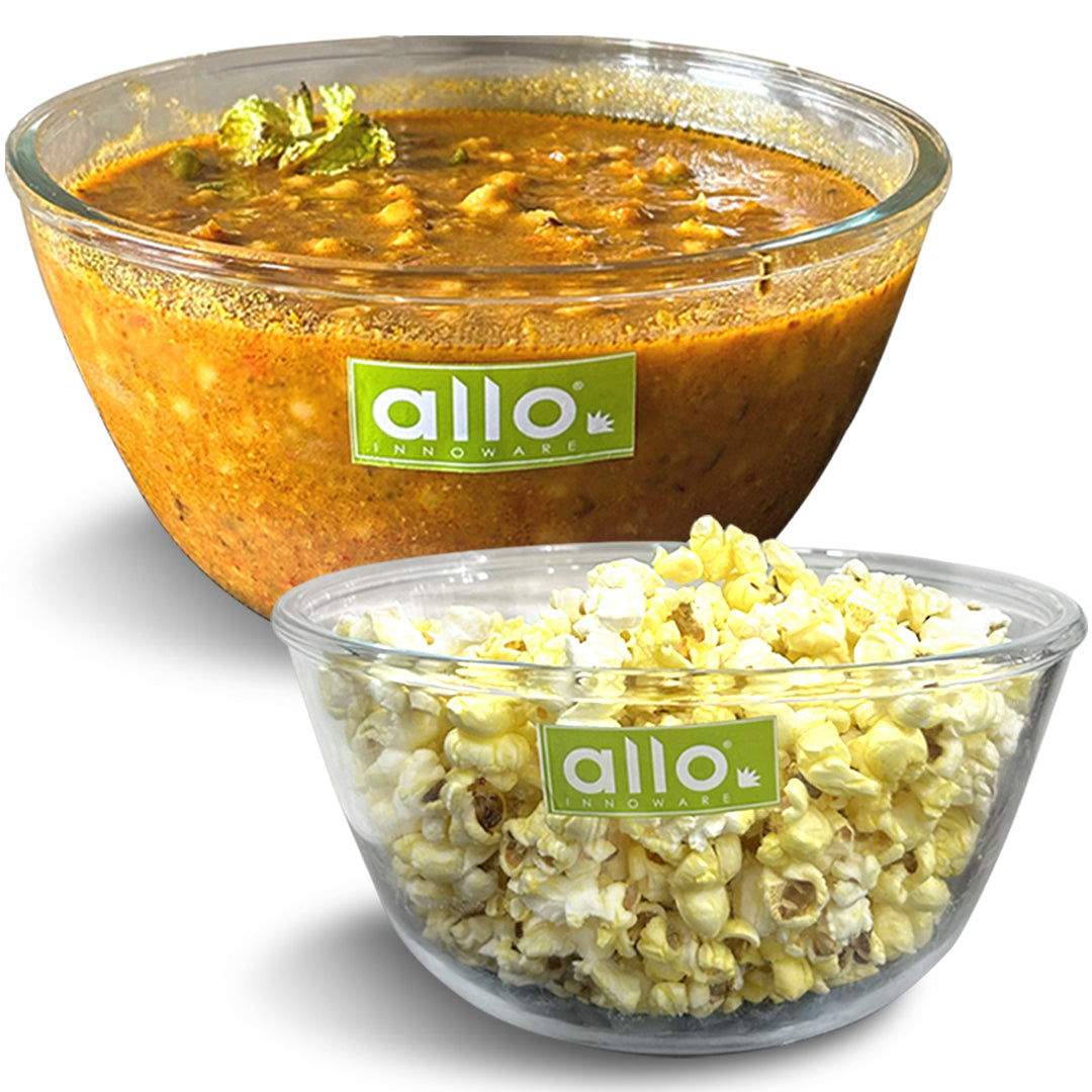 Allo Food Safe Borosilicate Glass Mixing & Serving Bowls for Kitchen, Oven & Microwave Safe Bowls, Dishwasher and Freezer Safe Bowls, Set of 2 1000ML, 1600ML, Transparent - Allo Innoware