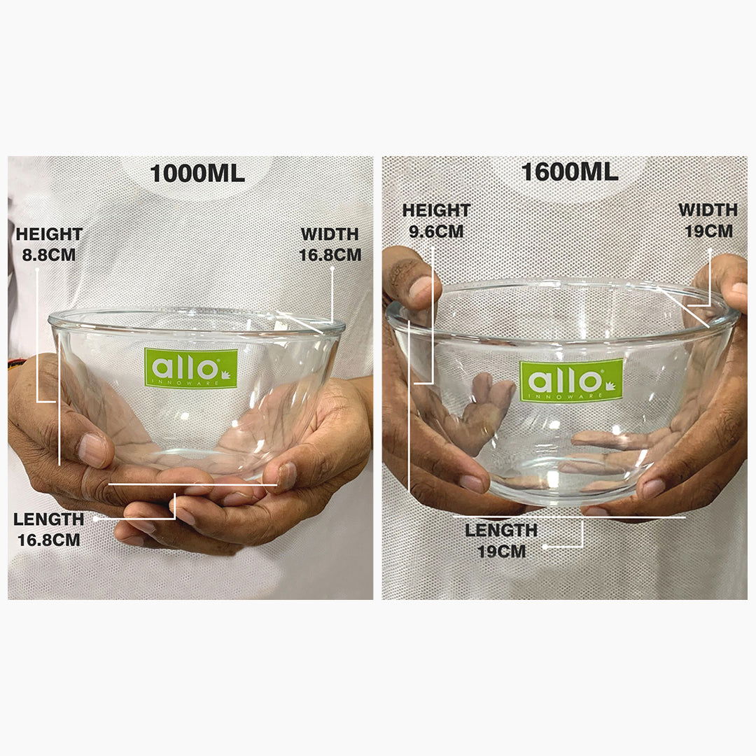Allo Food Safe Borosilicate Glass Mixing & Serving Bowls for Kitchen, Oven & Microwave Safe Bowls, Dishwasher and Freezer Safe Bowls, Set of 2 1000ML, 1600ML, Transparent - Allo Innoware