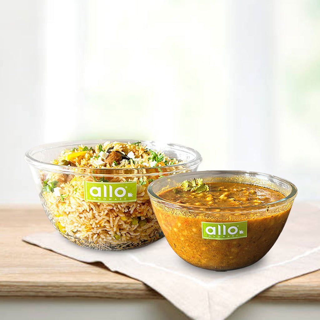 Allo Food Safe Borosilicate Glass Mixing & Serving Bowls for Kitchen, Oven & Microwave Safe Bowls, Dishwasher and Freezer Safe Bowls, Set of 2 1600ML, 2100ML, Transparent - Allo Innoware