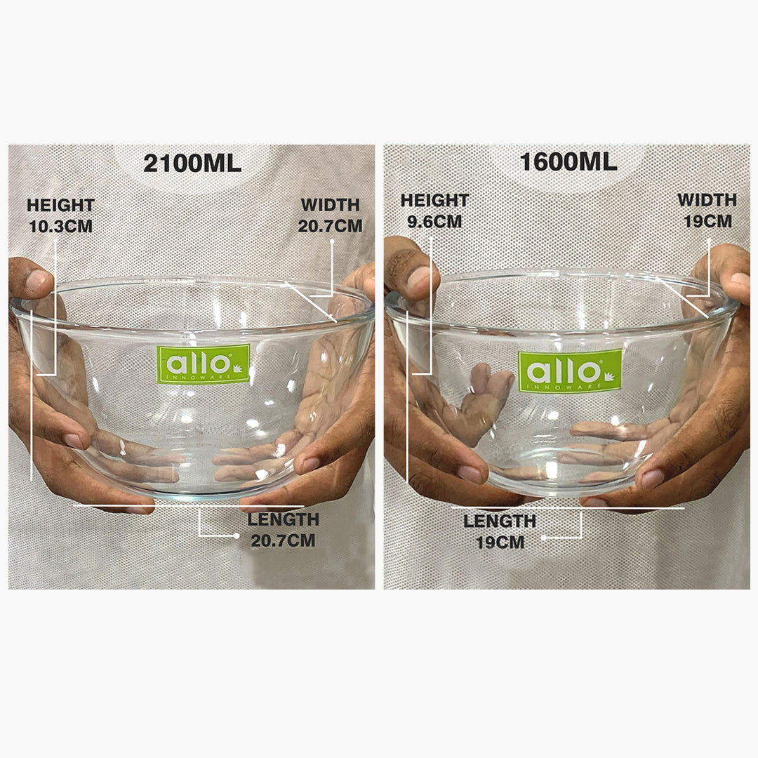 Allo Food Safe Borosilicate Glass Mixing & Serving Bowls for Kitchen, Oven & Microwave Safe Bowls, Dishwasher and Freezer Safe Bowls, Set of 2 1600ML, 2100ML, Transparent - Allo Innoware