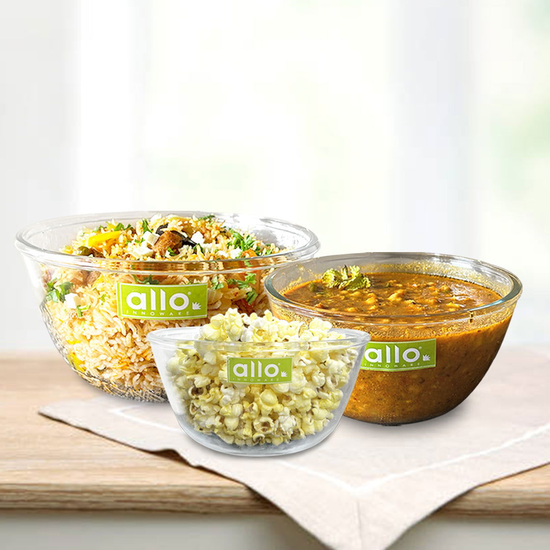 Allo Food Safe Borosilicate Glass Mixing & Serving Bowls for Kitchen, Oven & Microwave Safe Bowls, Dishwasher and Freezer Safe Bowls, Set of 3 1000ML, 1600ML, 2100ML, Transparent - Allo Innoware