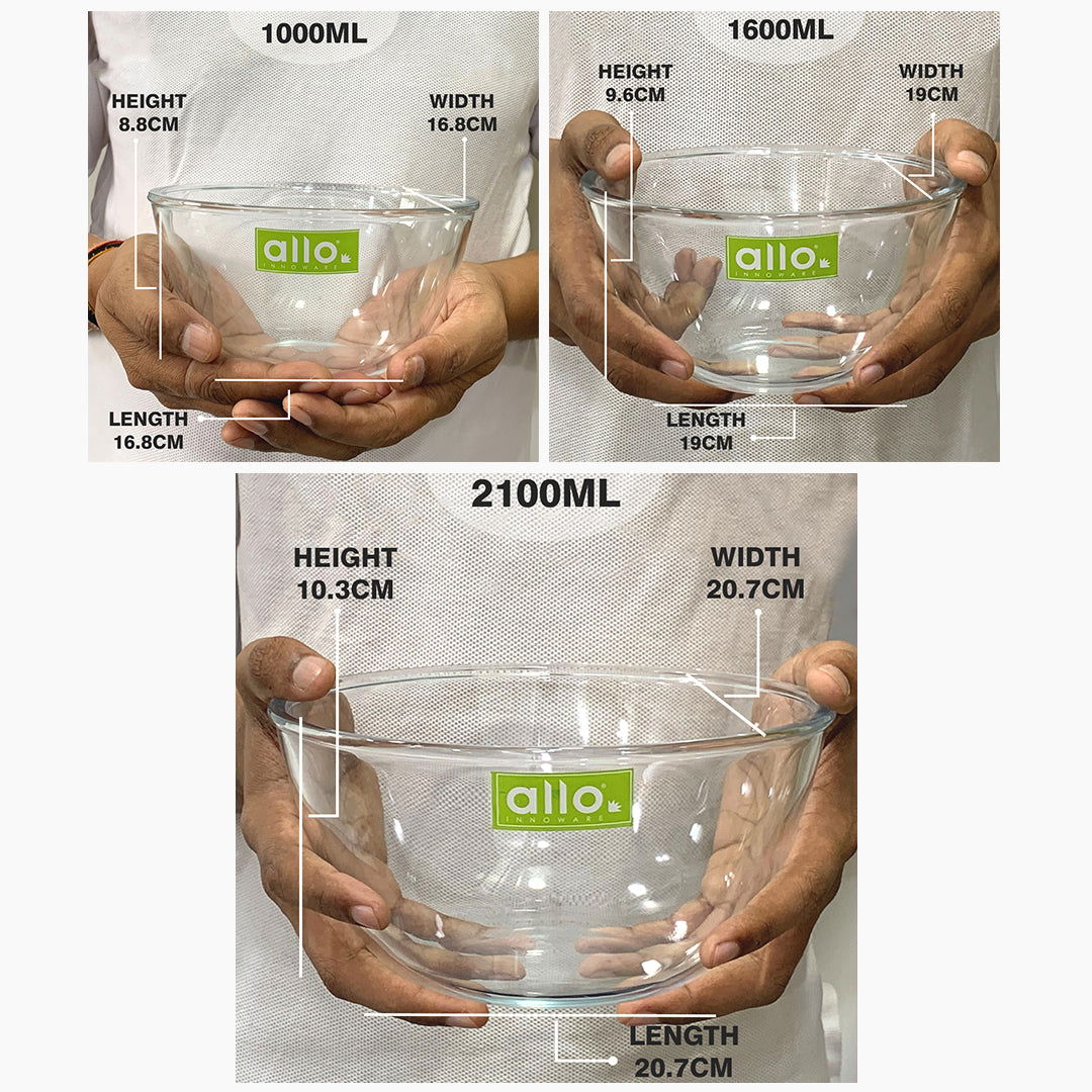 Allo Food Safe Borosilicate Glass Mixing & Serving Bowls for Kitchen, Oven & Microwave Safe Bowls, Dishwasher and Freezer Safe Bowls, Set of 3 1000ML, 1600ML, 2100ML, Transparent - Allo Innoware