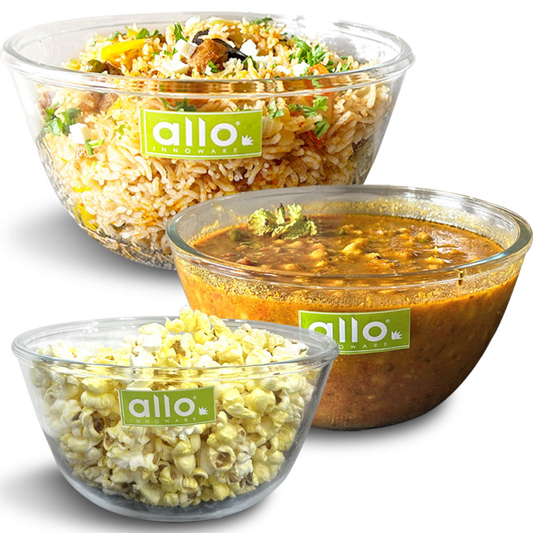 Allo Food Safe Borosilicate Glass Mixing & Serving Bowls for Kitchen, Oven & Microwave Safe Bowls, Dishwasher and Freezer Safe Bowls, Set of 3 1000ML, 1600ML, 2100ML, Transparent - Allo Innoware