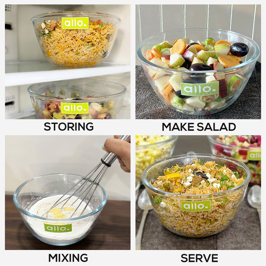 Allo Food Safe Borosilicate Glass Mixing & Serving Bowls for Kitchen, Oven & Microwave Safe Bowls, Dishwasher and Freezer Safe Bowls, Set of 3 1000ML, 1600ML, 2100ML, Transparent - Allo Innoware