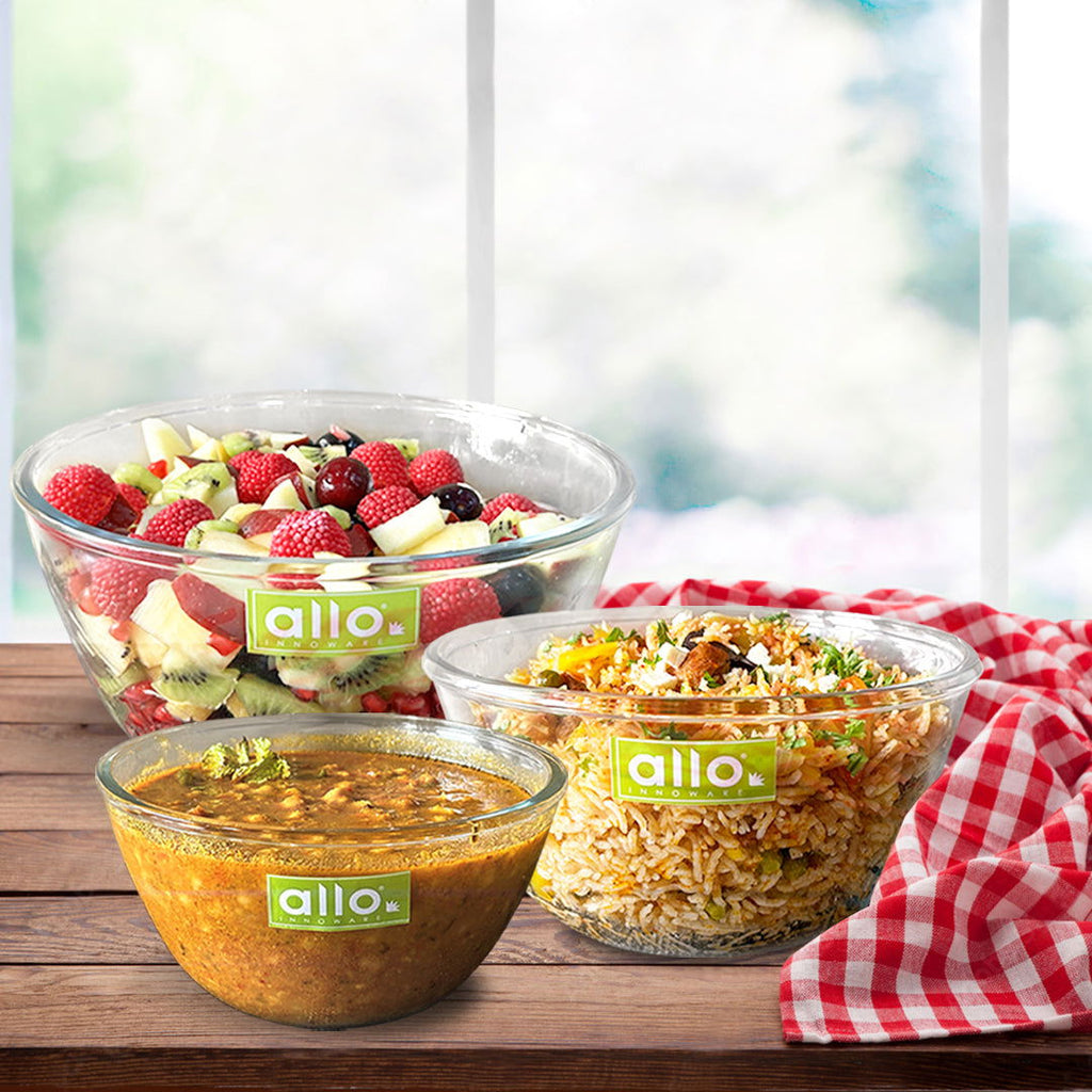 Allo Food Safe Borosilicate Glass Mixing & Serving Bowls for Kitchen, Oven & Microwave Safe Bowls, Dishwasher and Freezer Safe Bowls, Set of 3 1600ML, 2100ML, 2700ML, Transparent - Allo Innoware