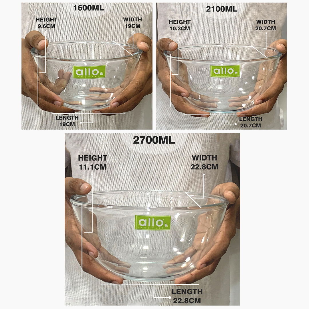 Allo Food Safe Borosilicate Glass Mixing & Serving Bowls for Kitchen, Oven & Microwave Safe Bowls, Dishwasher and Freezer Safe Bowls, Set of 3 1600ML, 2100ML, 2700ML, Transparent - Allo Innoware
