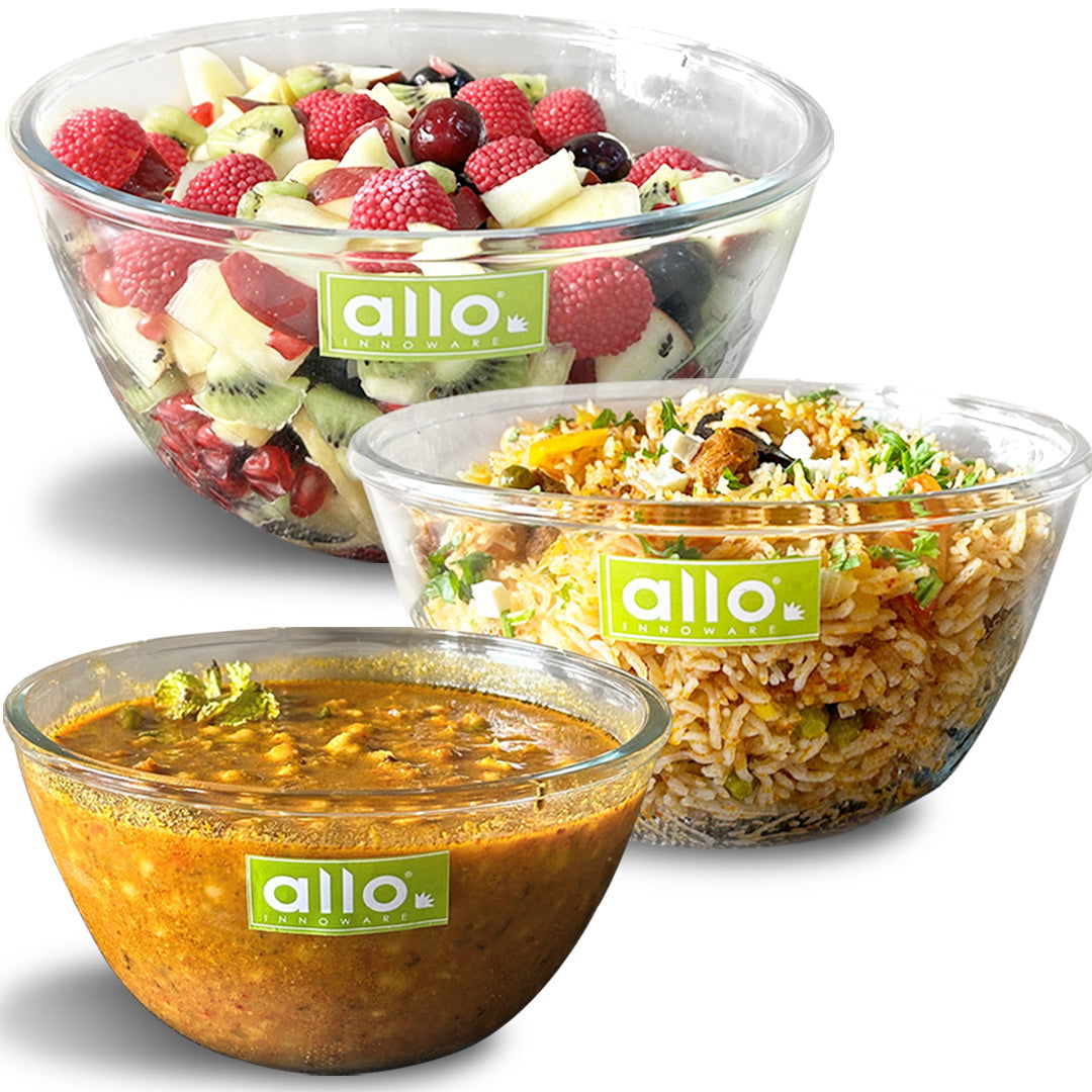 Allo Food Safe Borosilicate Glass Mixing & Serving Bowls for Kitchen, Oven & Microwave Safe Bowls, Dishwasher and Freezer Safe Bowls, Set of 3 1600ML, 2100ML, 2700ML, Transparent - Allo Innoware