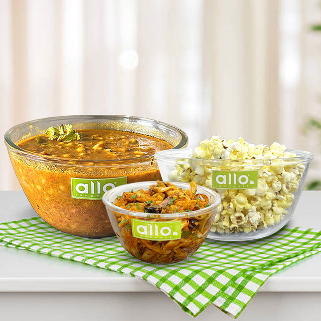 Allo Food Safe Borosilicate Glass Mixing & Serving Bowls for Kitchen, Oven & Microwave Safe Bowls, Dishwasher and Freezer Safe Bowls, Set of 3 500ML, 1000ML, 1600ML, Transparent - Allo Innoware