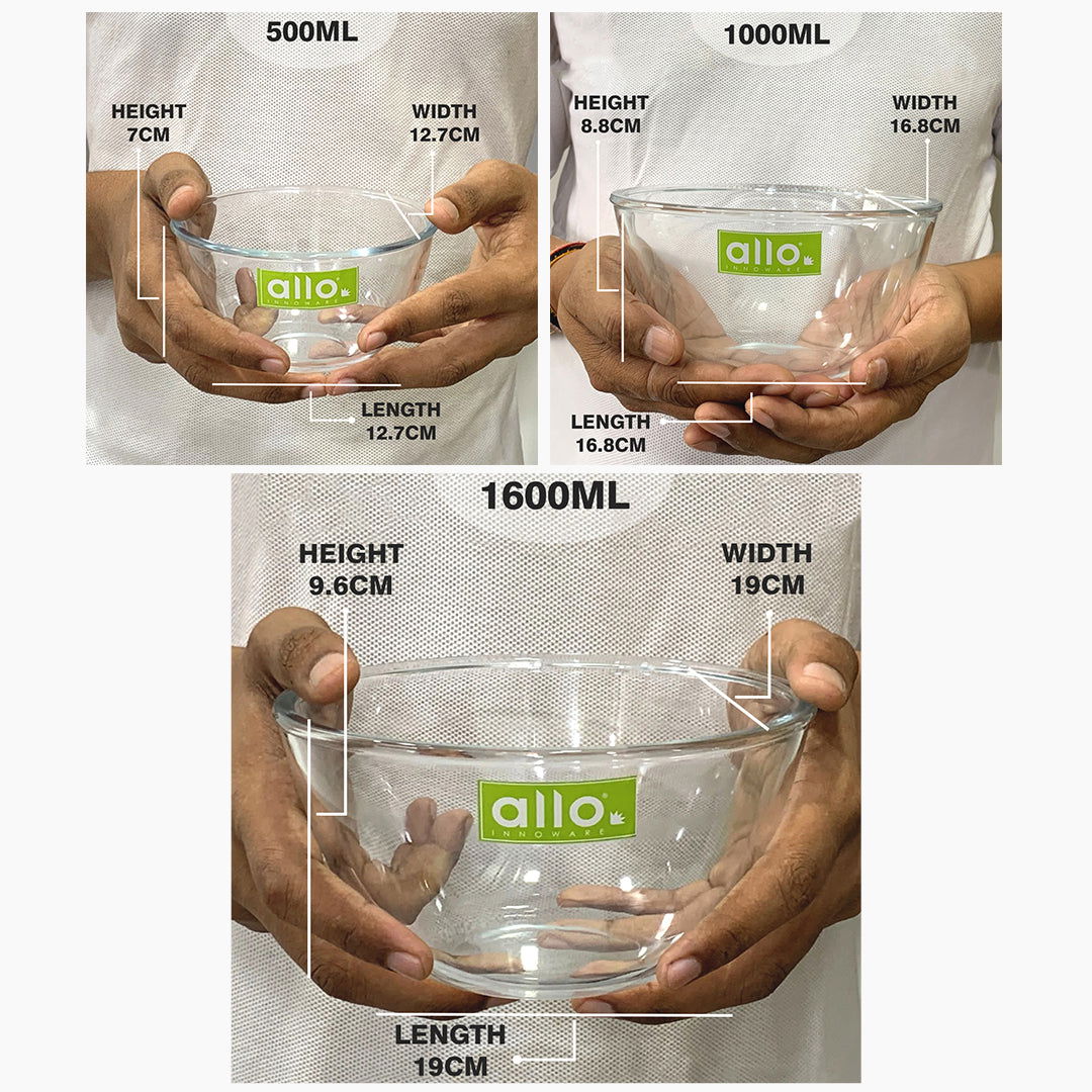 Allo Food Safe Borosilicate Glass Mixing & Serving Bowls for Kitchen, Oven & Microwave Safe Bowls, Dishwasher and Freezer Safe Bowls, Set of 3 500ML, 1000ML, 1600ML, Transparent - Allo Innoware