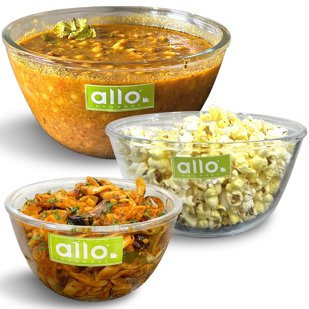 Allo Food Safe Borosilicate Glass Mixing & Serving Bowls for Kitchen, Oven & Microwave Safe Bowls, Dishwasher and Freezer Safe Bowls, Set of 3 500ML, 1000ML, 1600ML, Transparent - Allo Innoware