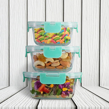 Allo Food Safe Glass Containers with Lids with Break Free Lock, 450°C Oven Microwave Safe Containers, High Borosilicate Meal Prep Glass Food Storage Containers for Kitchen, Set of 3 160ml, 310ml, 520ml, Square. - Allo Innoware
