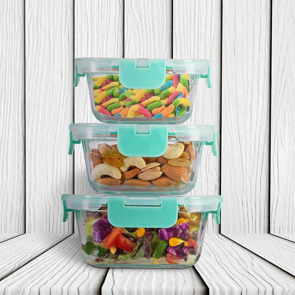 Allo Food Safe Glass Containers with Lids with Break Free Lock, 450°C Oven Microwave Safe Containers, High Borosilicate Meal Prep Glass Food Storage Containers for Kitchen, Set of 3 160ml, 310ml, 520ml, Square. - Allo Innoware