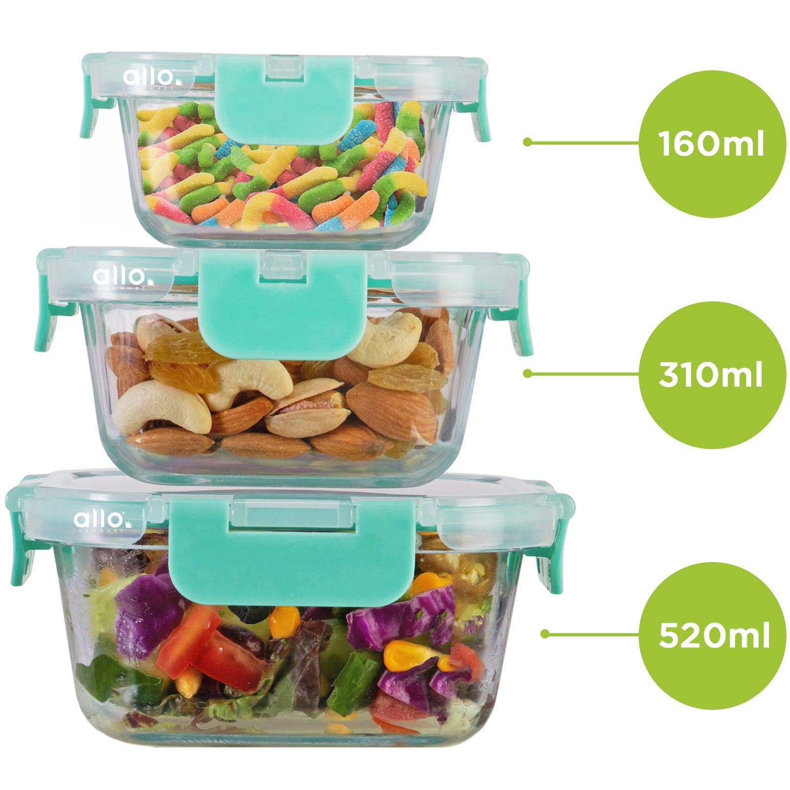 Allo Food Safe Glass Containers with Lids with Break Free Lock, 450°C Oven Microwave Safe Containers, High Borosilicate Meal Prep Glass Food Storage Containers for Kitchen, Set of 3 160ml, 310ml, 520ml, Square. - Allo Innoware