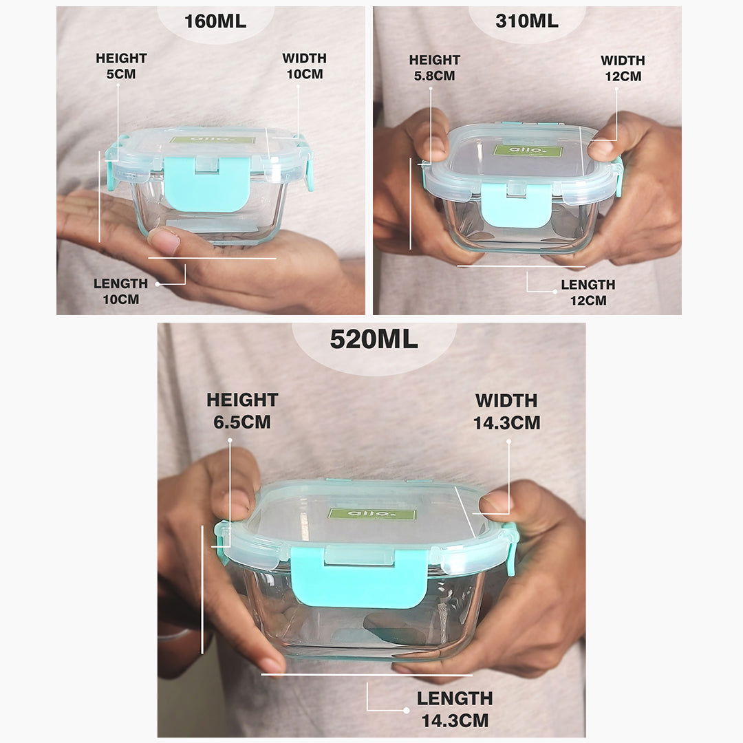 Allo Food Safe Glass Containers with Lids with Break Free Lock, 450°C Oven Microwave Safe Containers, High Borosilicate Meal Prep Glass Food Storage Containers for Kitchen, Set of 3 160ml, 310ml, 520ml, Square. - Allo Innoware