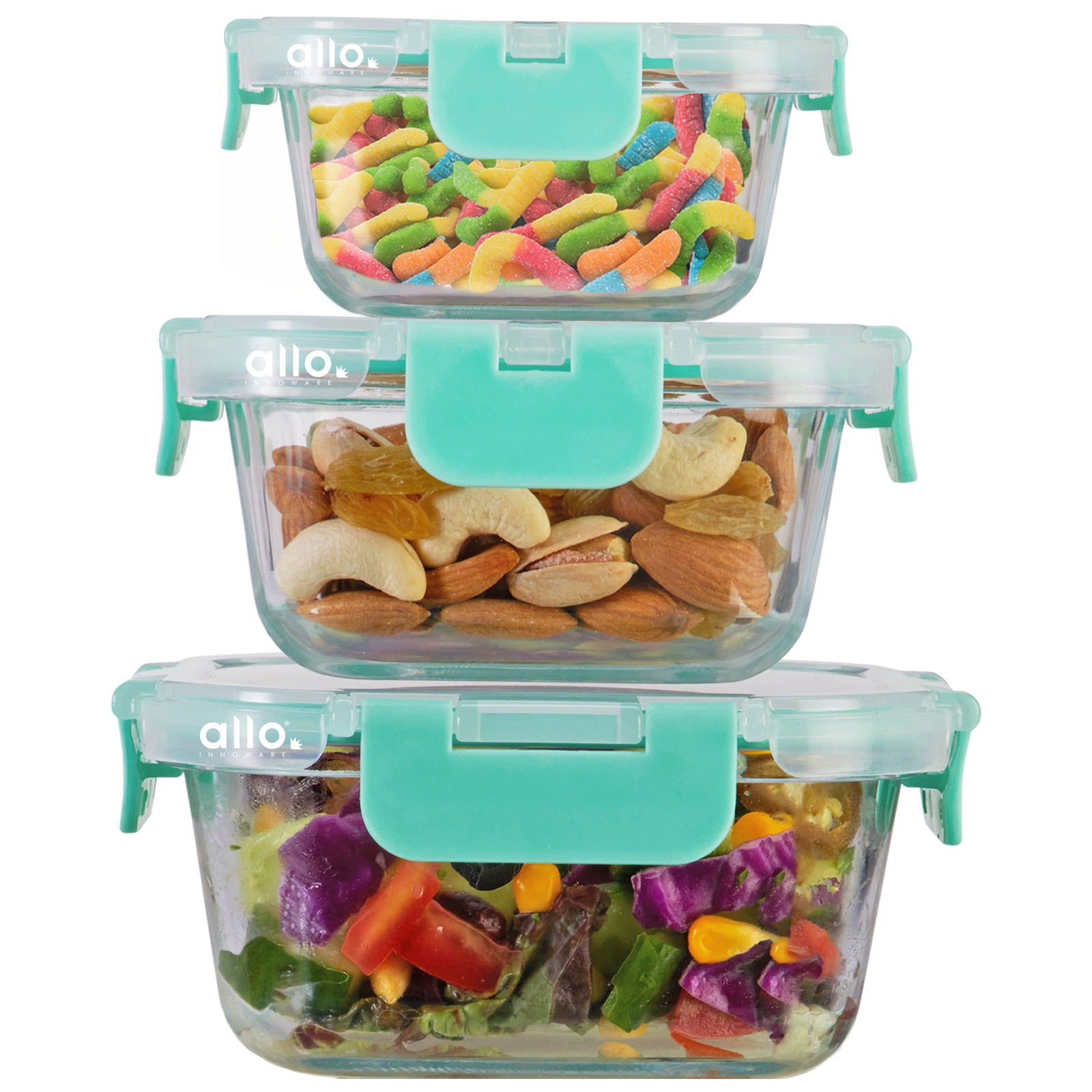 Allo Food Safe Glass Containers with Lids with Break Free Lock, 450°C Oven Microwave Safe Containers, High Borosilicate Meal Prep Glass Food Storage Containers for Kitchen, Set of 3 160ml, 310ml, 520ml, Square. - Allo Innoware