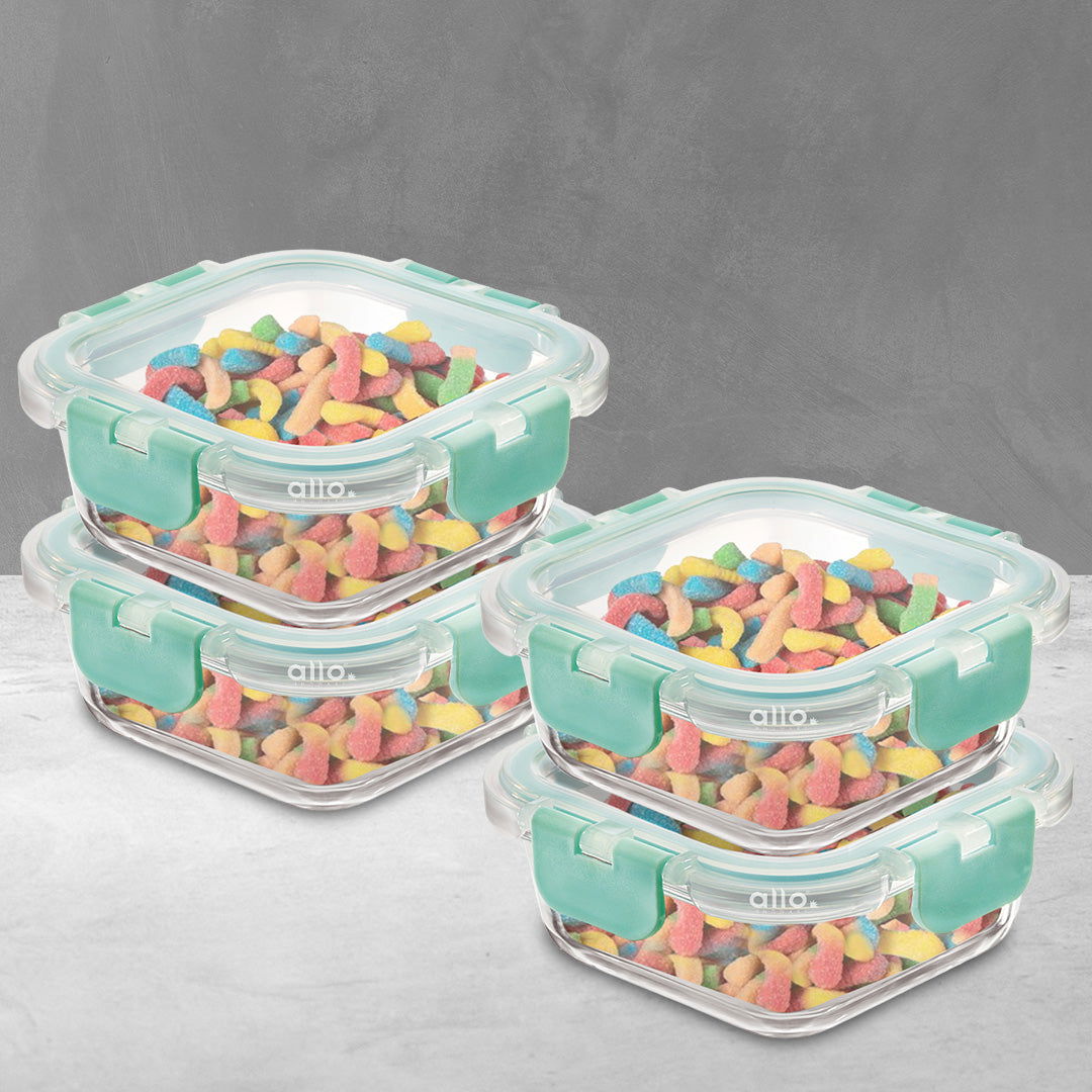 Allo Food Safe Glass Containers with Lids with Break Free Lock, 450°C Oven Microwave Safe Containers, High Borosilicate Meal Prep Glass Food Storage Containers for Kitchen, Set of 4, 160ml x 4, Square - Allo Innoware
