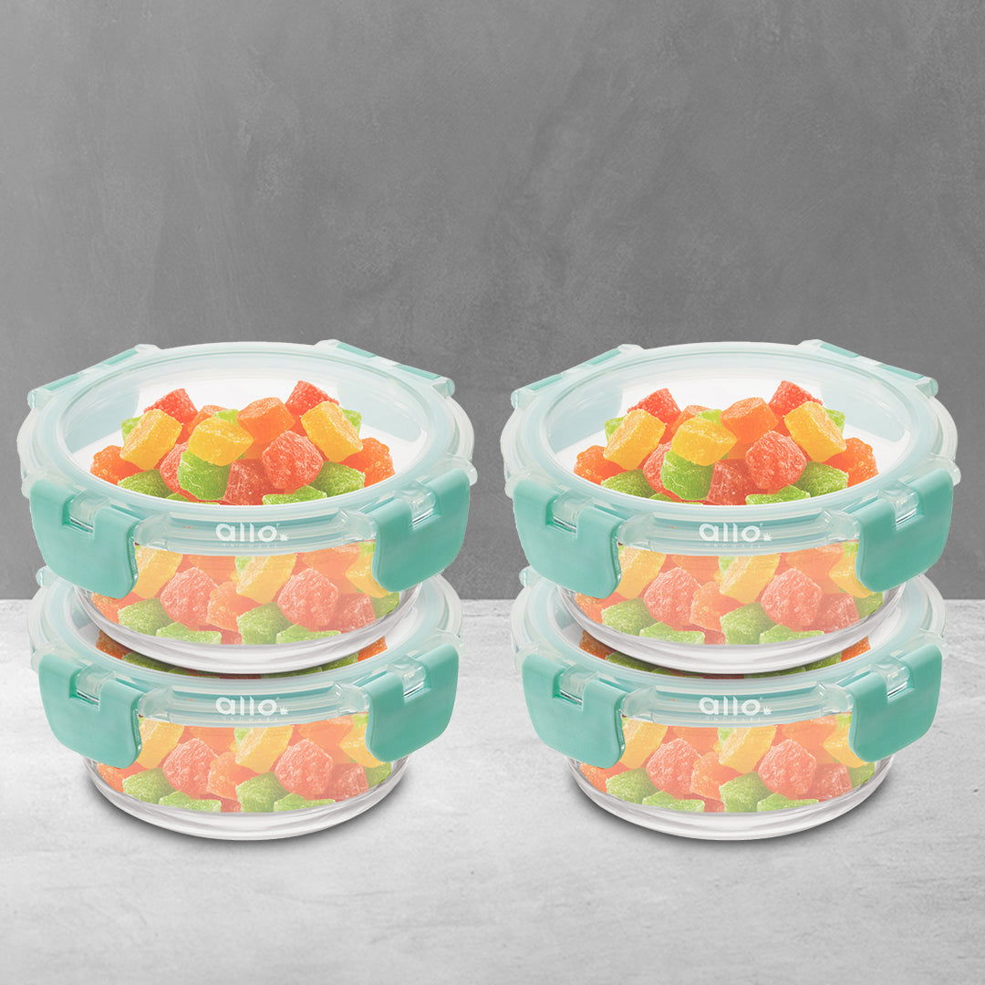 Allo Food Safe Glass Containers with Lids with Break Free Lock, 450°C Oven Microwave Safe Containers, High Borosilicate Meal Prep Glass Food Storage Containers for Kitchen, Set of 4, 215ml x 4, Round - Allo Innoware