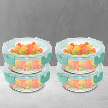 Allo Food Safe Glass Containers with Lids with Break Free Lock, 450°C Oven Microwave Safe Containers, High Borosilicate Meal Prep Glass Food Storage Containers for Kitchen, Set of 4, 215ml x 4, Round - Allo Innoware