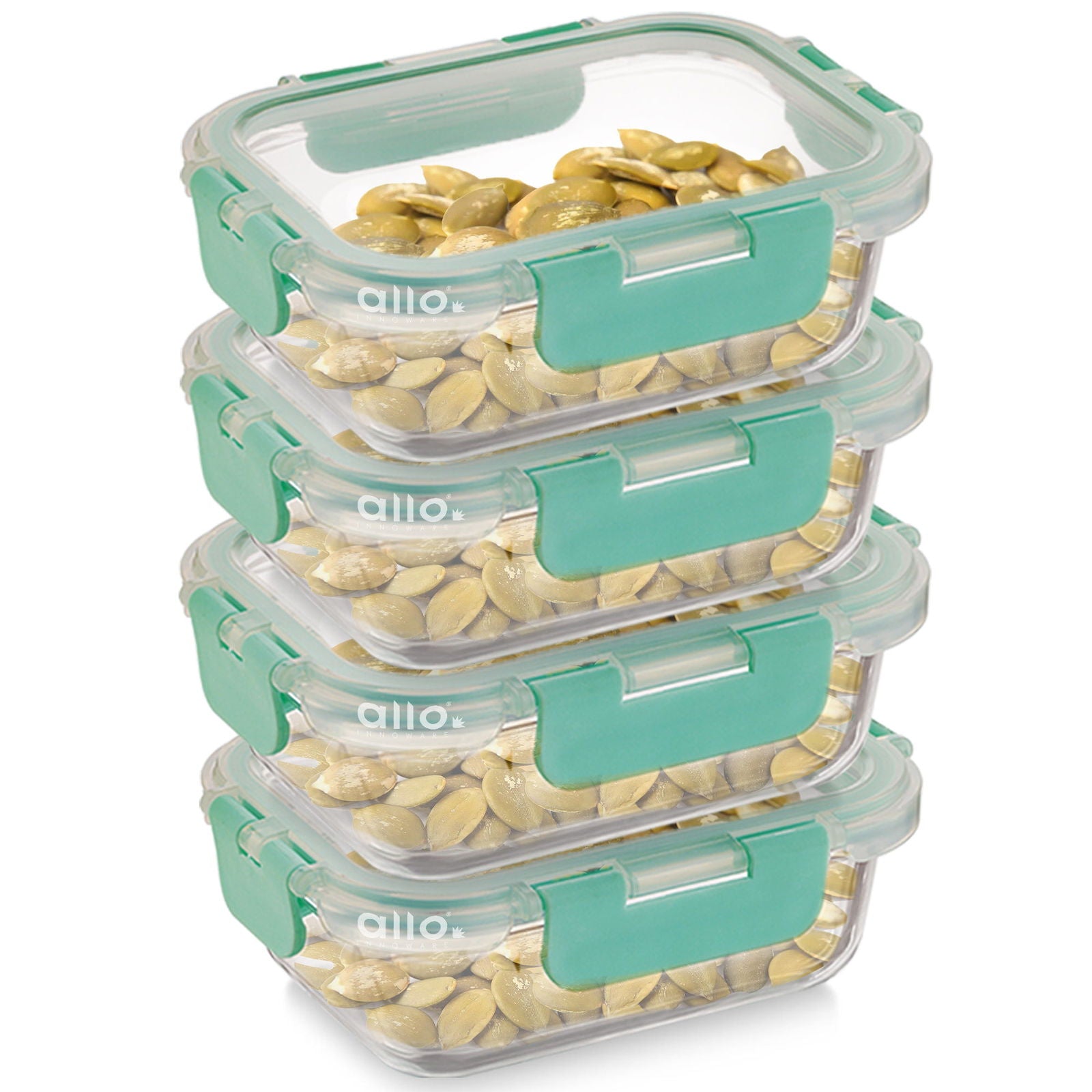 Allo Food Safe Glass Containers with Lids with Break Free Lock, 450°C Oven Microwave Safe Containers, High Borosilicate Meal Prep Glass Food Storage Containers for Kitchen, Set of 4, 185ml x 4, Rectangle - Allo Innoware