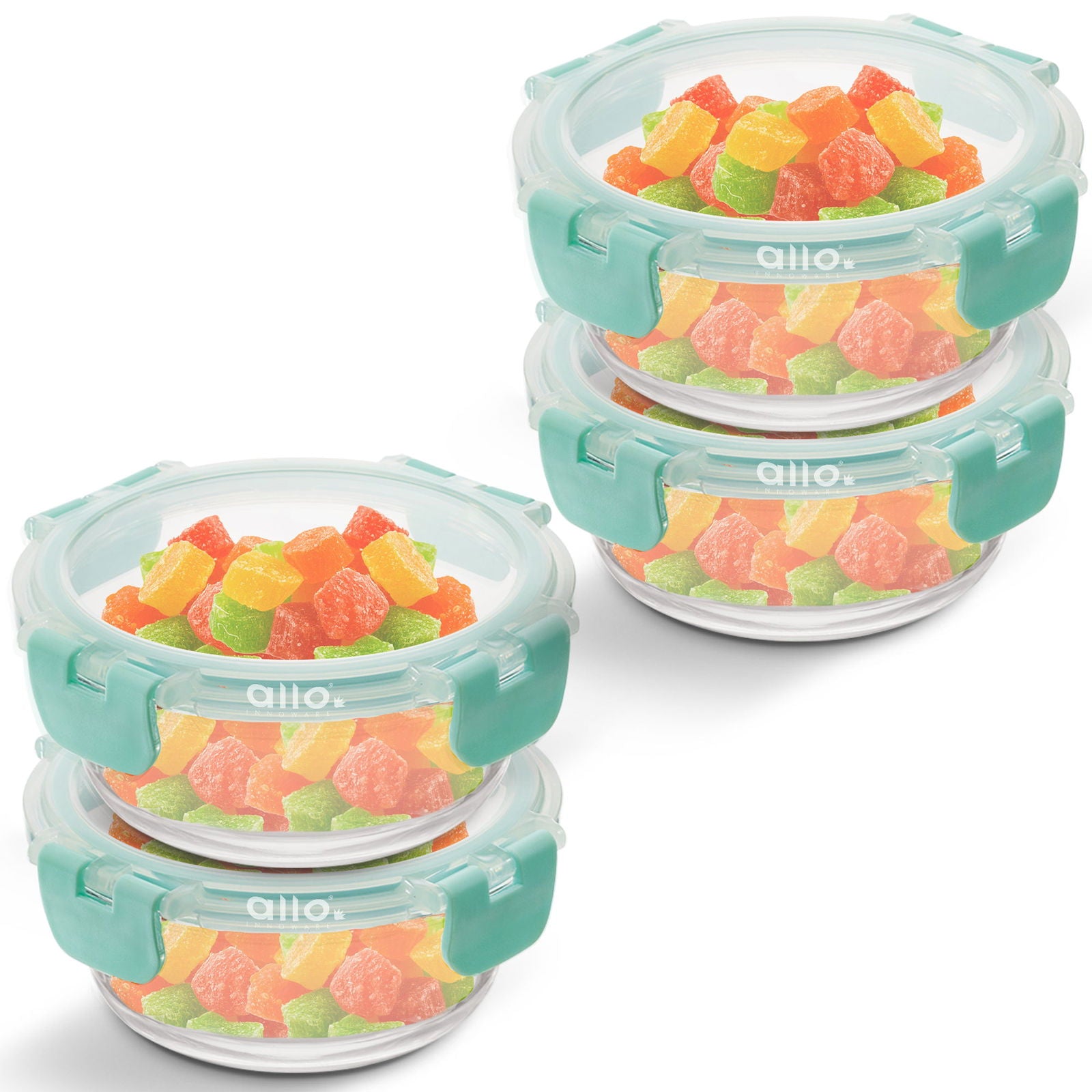 Allo Food Safe Glass Containers with Lids with Break Free Lock, 450°C Oven Microwave Safe Containers, High Borosilicate Meal Prep Glass Food Storage Containers for Kitchen, Set of 4, 215ml x 4, Round - Allo Innoware