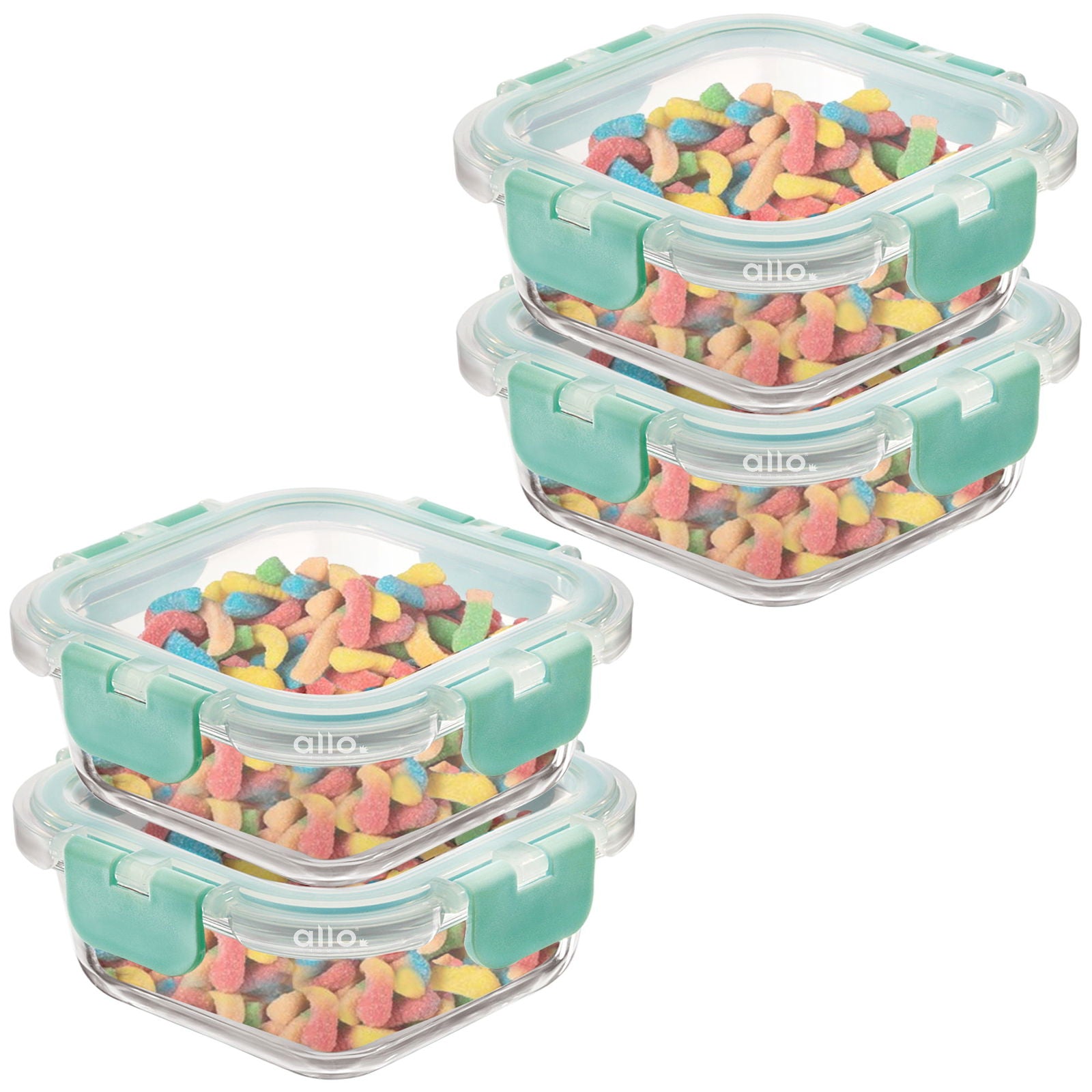 Allo Food Safe Glass Containers with Lids with Break Free Lock, 450°C Oven Microwave Safe Containers, High Borosilicate Meal Prep Glass Food Storage Containers for Kitchen, Set of 4, 160ml x 4, Square - Allo Innoware