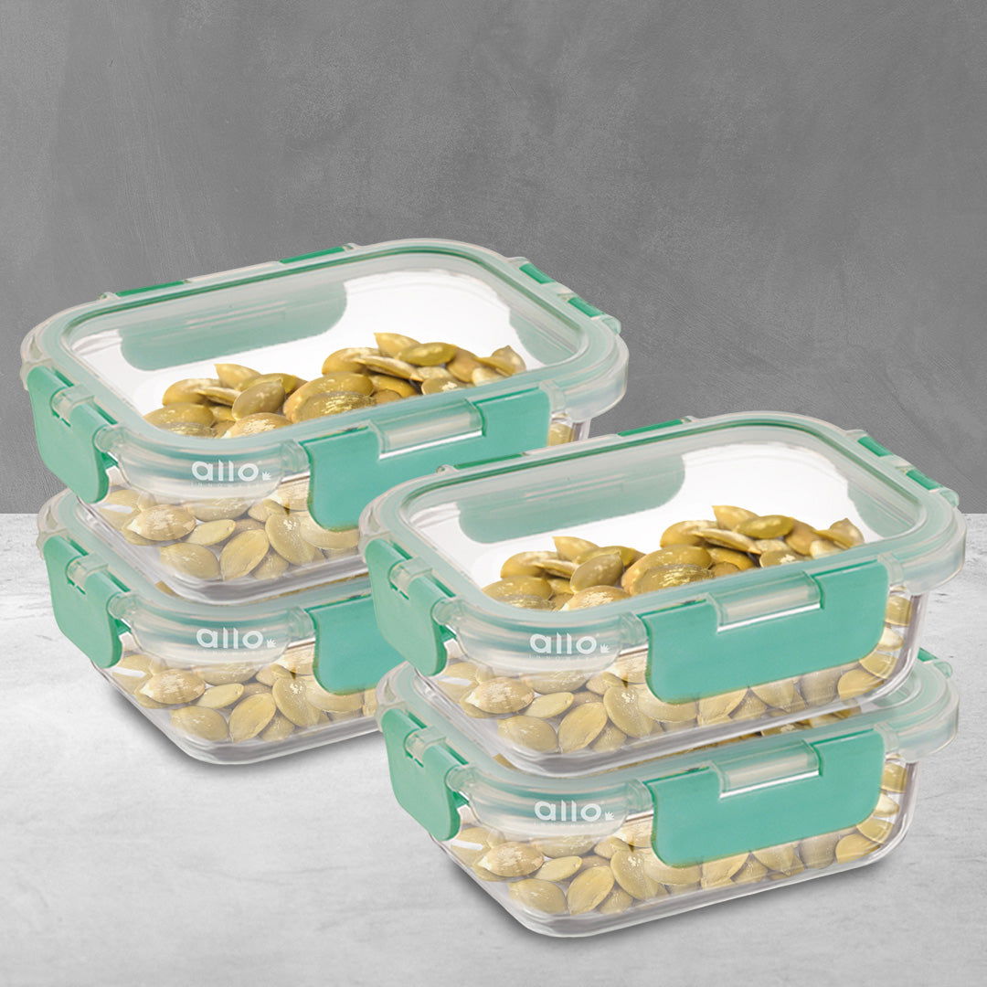 Allo Food Safe Glass Containers with Lids with Break Free Lock, 450°C Oven Microwave Safe Containers, High Borosilicate Meal Prep Glass Food Storage Containers for Kitchen, Set of 4, 185ml x 4, Rectangle - Allo Innoware