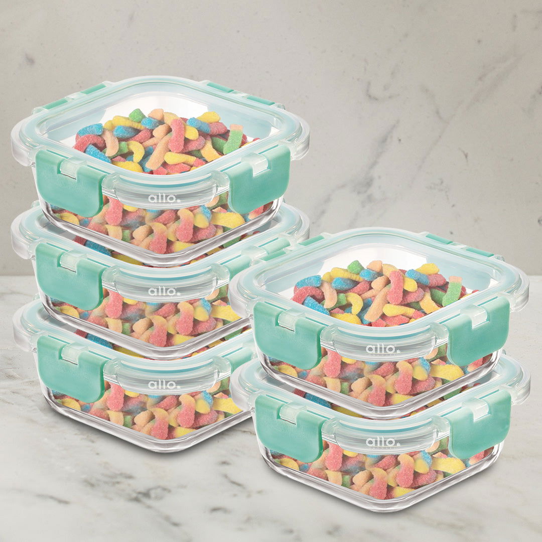 Allo Food Safe Glass Containers with Lids with Break Free Lock, 450°C Oven Microwave Safe Containers, High Borosilicate Meal Prep Glass Food Storage Containers for Kitchen, Set of 5, 160ml x 5, Square - Allo Innoware
