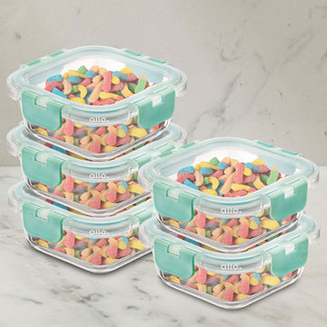 Allo Food Safe Glass Containers with Lids with Break Free Lock, 450°C Oven Microwave Safe Containers, High Borosilicate Meal Prep Glass Food Storage Containers for Kitchen, Set of 5, 160ml x 5, Square - Allo Innoware