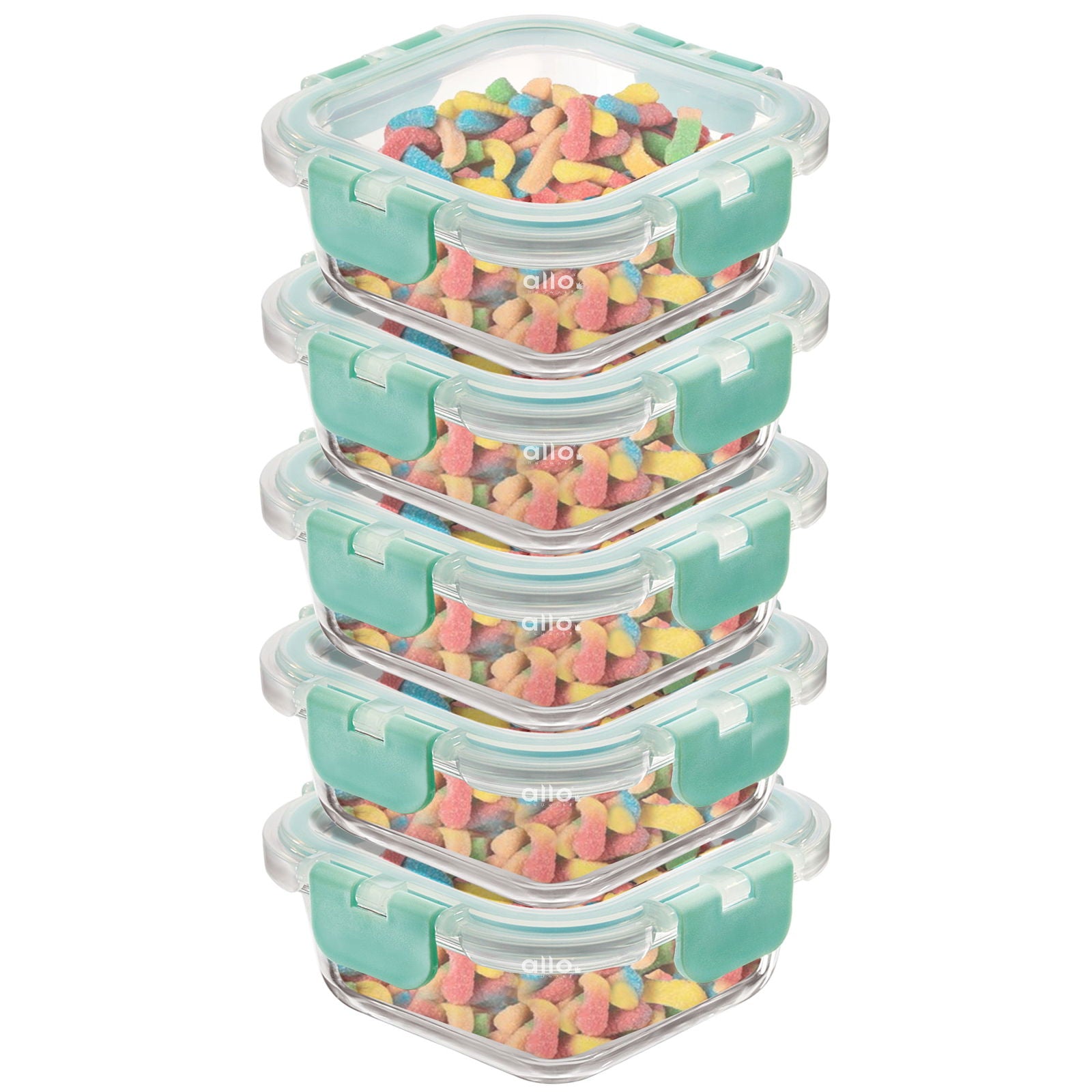 Allo Food Safe Glass Containers with Lids with Break Free Lock, 450°C Oven Microwave Safe Containers, High Borosilicate Meal Prep Glass Food Storage Containers for Kitchen, Set of 5, 160ml x 5, Square - Allo Innoware