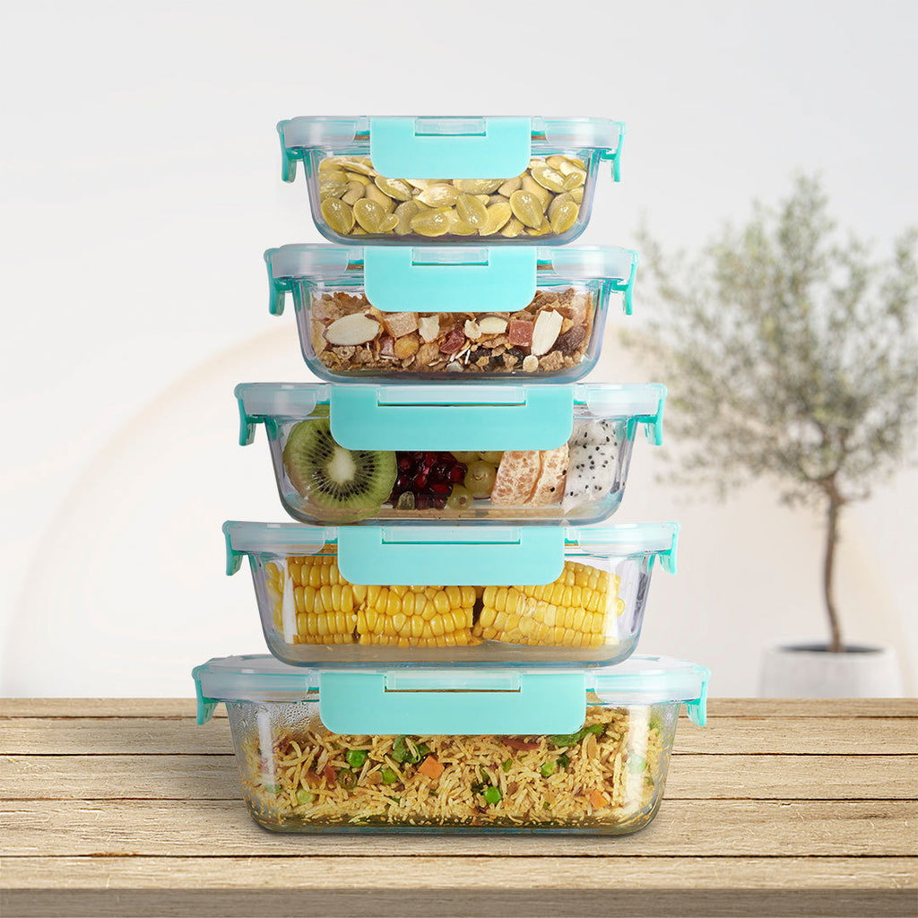 Allo Food Safe Glass Containers with Lids with Break Free Lock, 450°C Oven Microwave Safe Containers, High Borosilicate Meal Prep Glass Food Storage Containers for Kitchen, Set of 5 185ml, 370ml, 640ml, 1040ml, 1520ml, Rectangle. - Allo Innoware