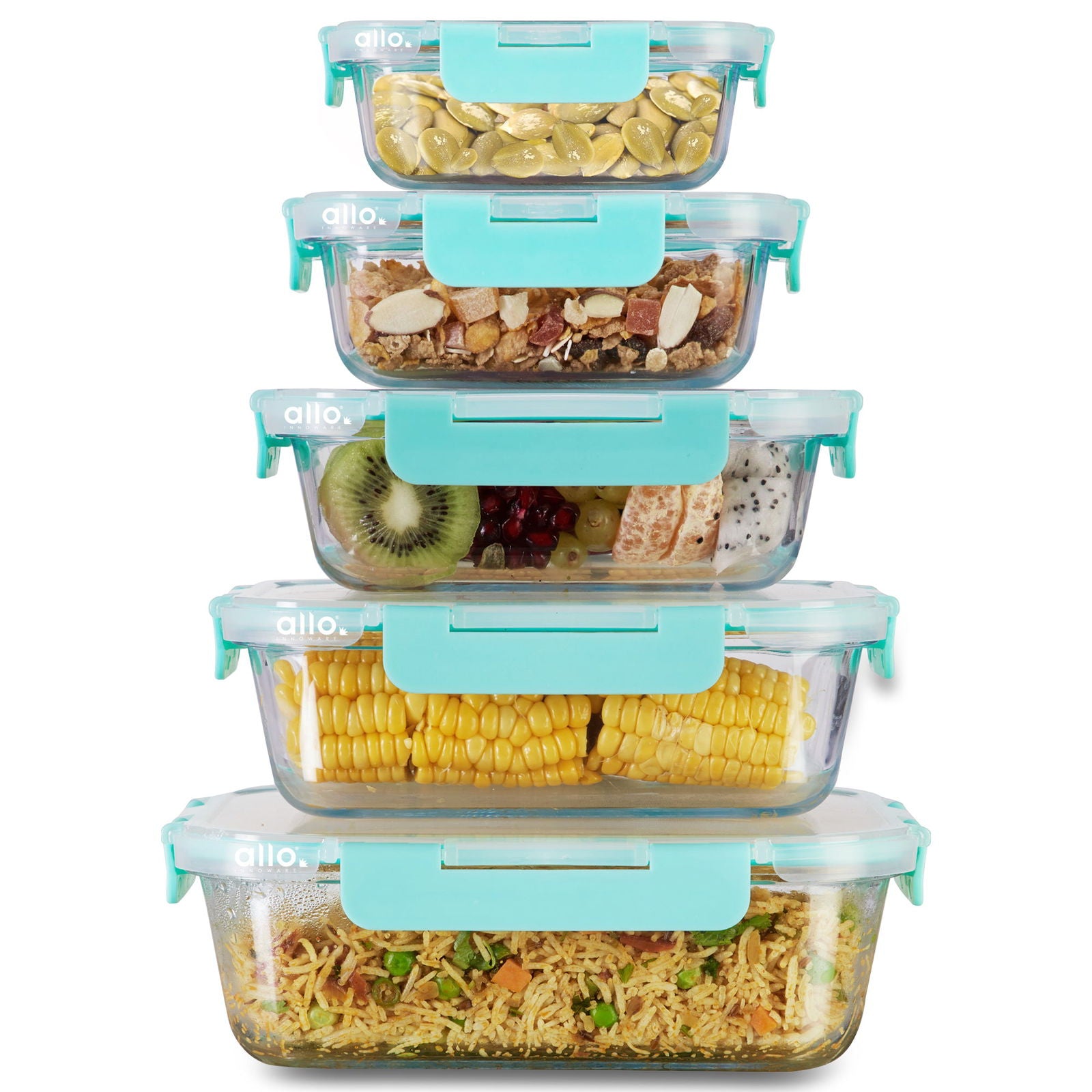Allo Food Safe Glass Containers with Lids with Break Free Lock, 450°C Oven Microwave Safe Containers, High Borosilicate Meal Prep Glass Food Storage Containers for Kitchen, Set of 5 185ml, 370ml, 640ml, 1040ml, 1520ml, Rectangle. - Allo Innoware