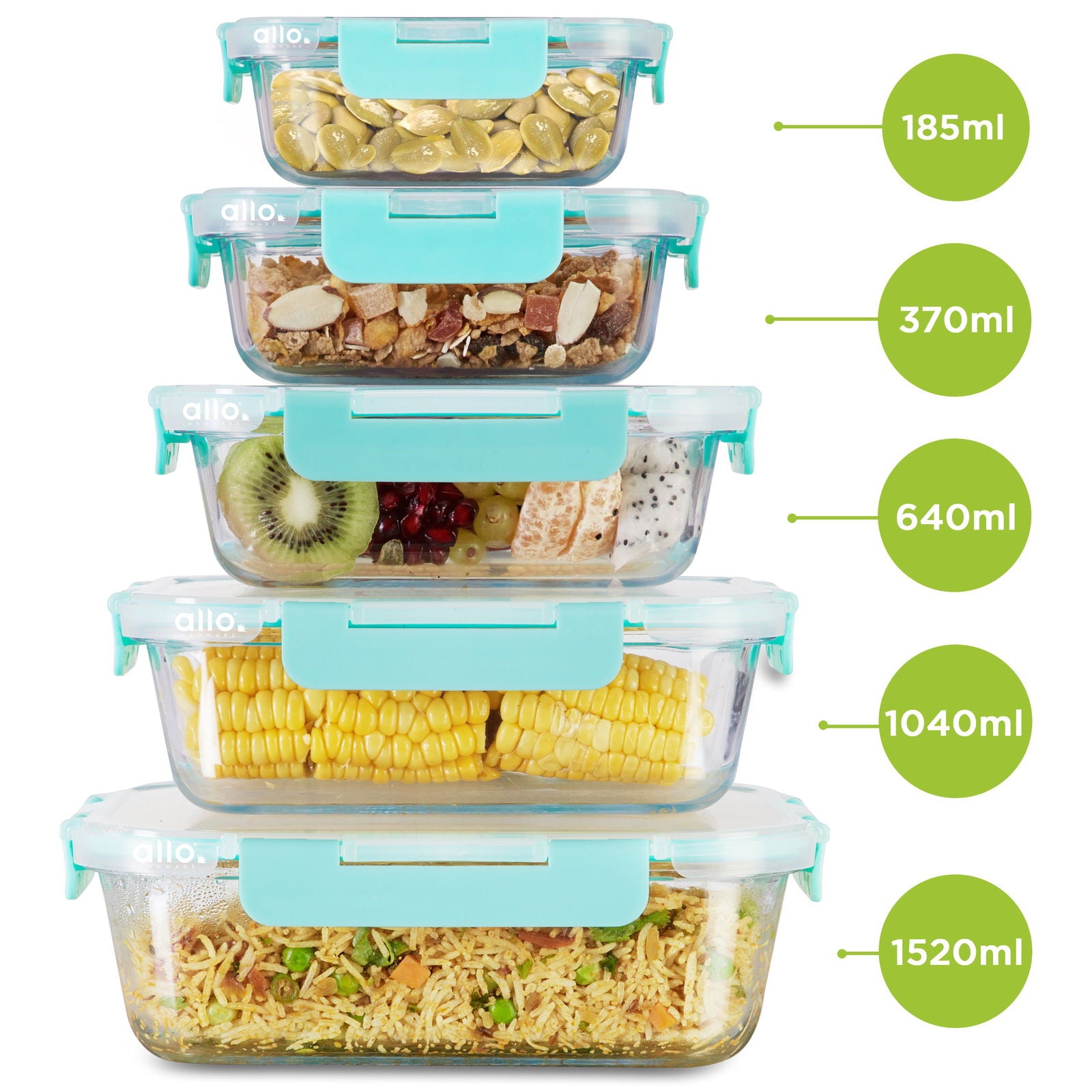 Allo Food Safe Glass Containers with Lids with Break Free Lock, 450°C Oven Microwave Safe Containers, High Borosilicate Meal Prep Glass Food Storage Containers for Kitchen, Set of 5 185ml, 370ml, 640ml, 1040ml, 1520ml, Rectangle. - Allo Innoware