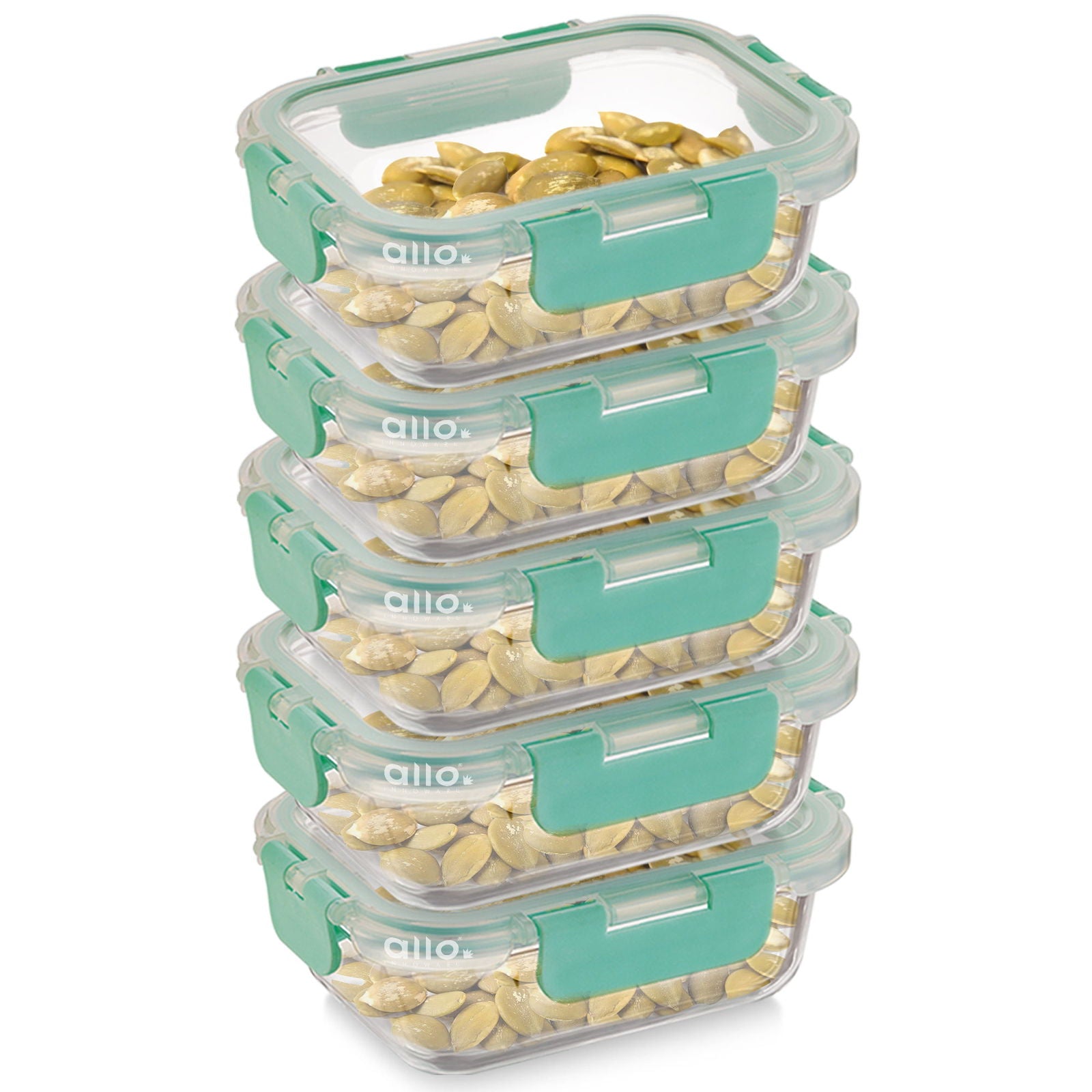 Allo Food Safe Glass Containers with Lids with Break Free Lock, 450°C Oven Microwave Safe Containers, High Borosilicate Meal Prep Glass Food Storage Containers for Kitchen, Set of 5, 185ml x 5, Rectangle - Allo Innoware
