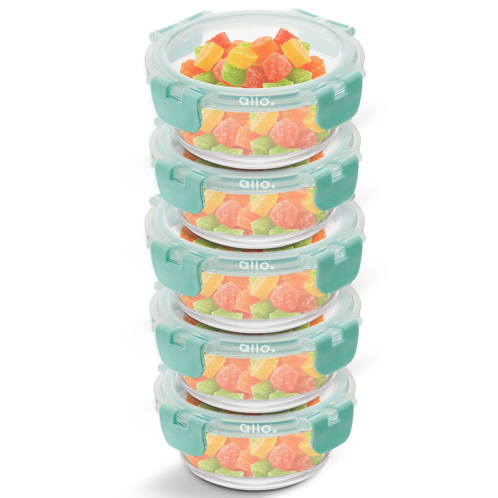 Allo Food Safe Glass Containers with Lids with Break Free Lock, 450°C Oven Microwave Safe Containers, High Borosilicate Meal Prep Glass Food Storage Containers for Kitchen, Set of 5, 215ml x 5, Round - Allo Innoware