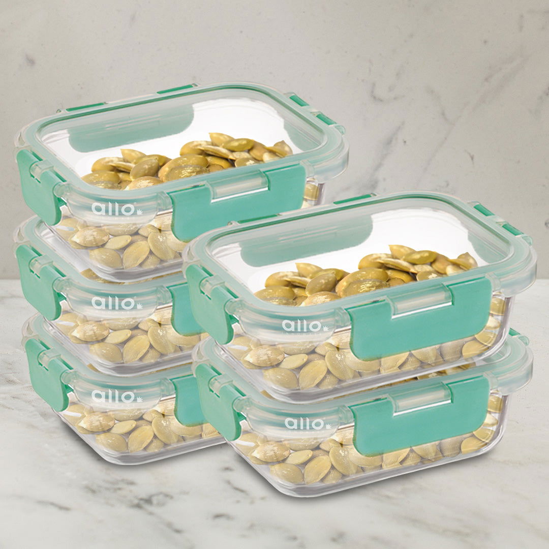 Allo Food Safe Glass Containers with Lids with Break Free Lock, 450°C Oven Microwave Safe Containers, High Borosilicate Meal Prep Glass Food Storage Containers for Kitchen, Set of 5, 185ml x 5, Rectangle - Allo Innoware