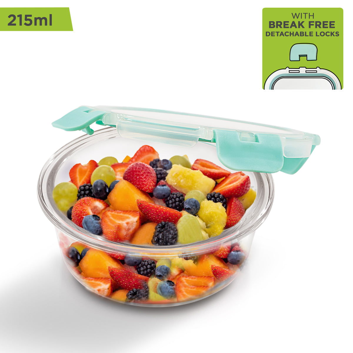 Allo Food Safe Glass Containers with Lids with Break Free Lock, 450°C Oven Microwave Safe Containers, High Borosilicate Meal Prep Glass Food Storage Containers for Kitchen, Set of 5, 215ml x 5, Round - Allo Innoware